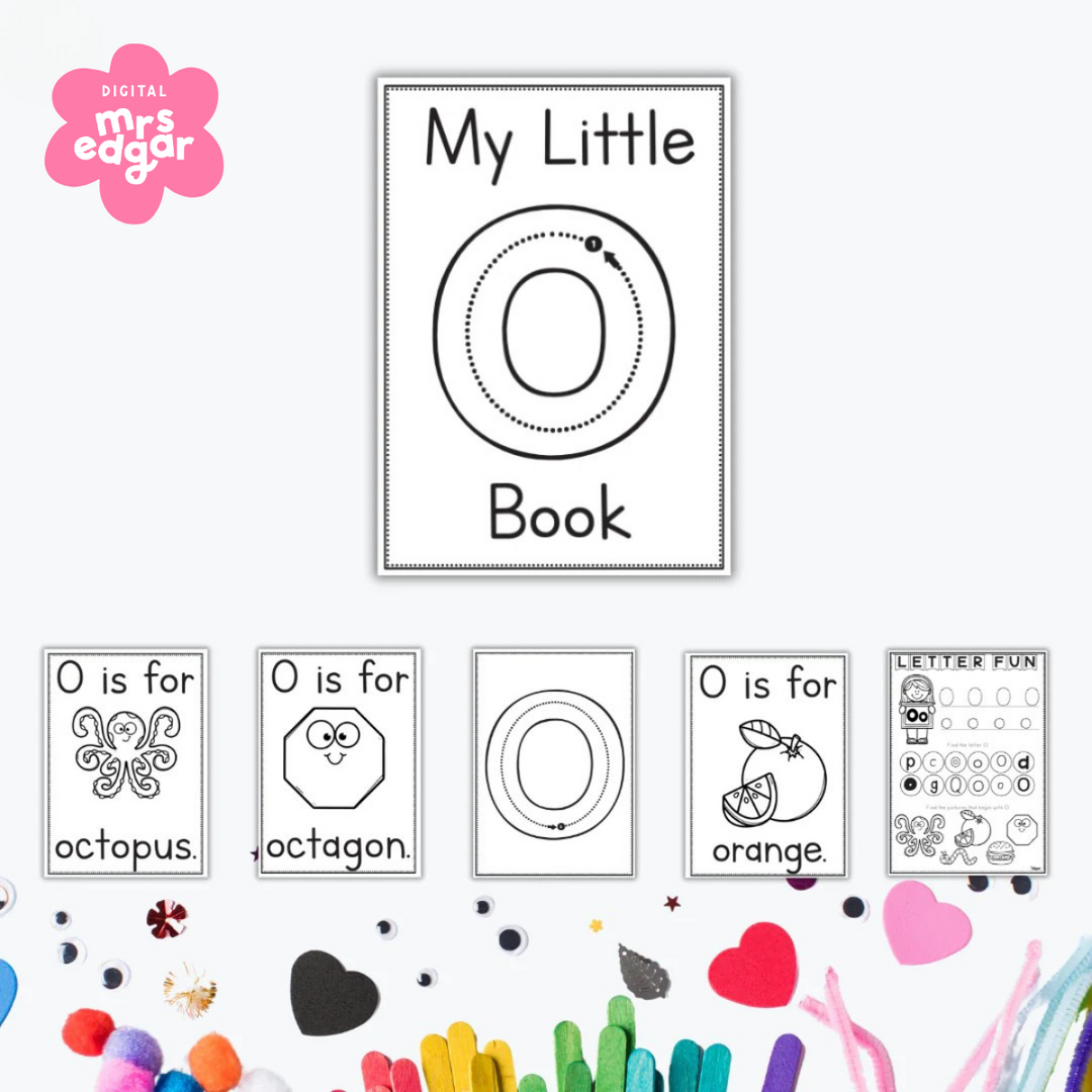 Early learning worksheets for the letter O featuring tracing, colouring pages, and words like octopus, octagon, and orange.