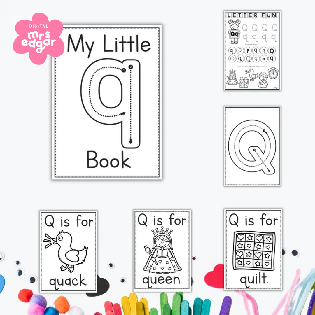 Letter Q activity set featuring a "My Little q Book" cover, uppercase and lowercase tracing pages, and vocabulary cards for queen, quack, and quilt.
