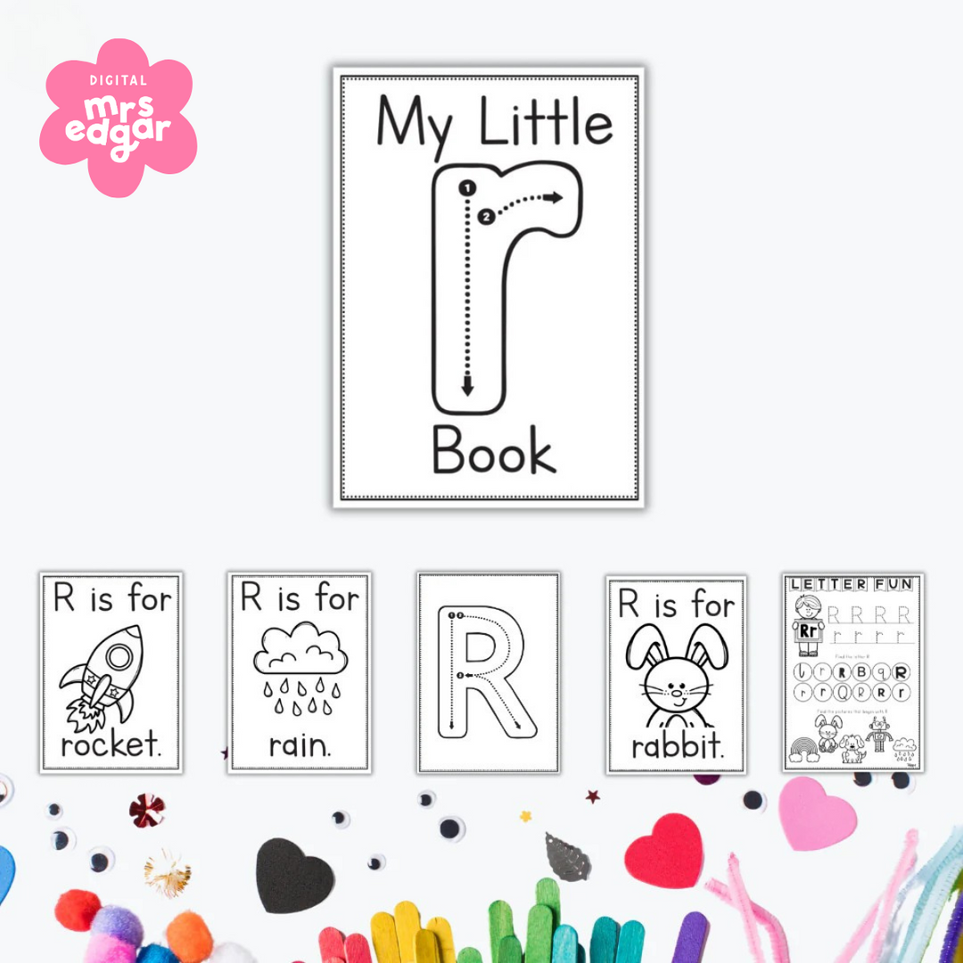 Early learning worksheets for the letter R featuring tracing, colouring pages, and words like rocket, rain, and rabbit.