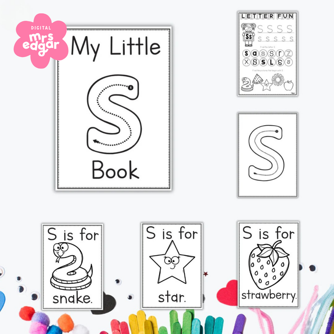 My Little S Book” printable set with vocabulary cards and letter tracing. Designed to support preschool and kindergarten students with letter recognition and phonemic awareness.