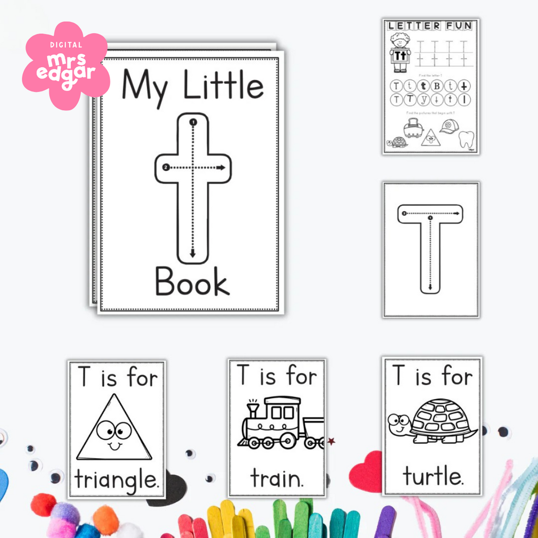 Early learning worksheets for the letter T featuring tracing, colouring pages, and words like triangle, train, and turtle.