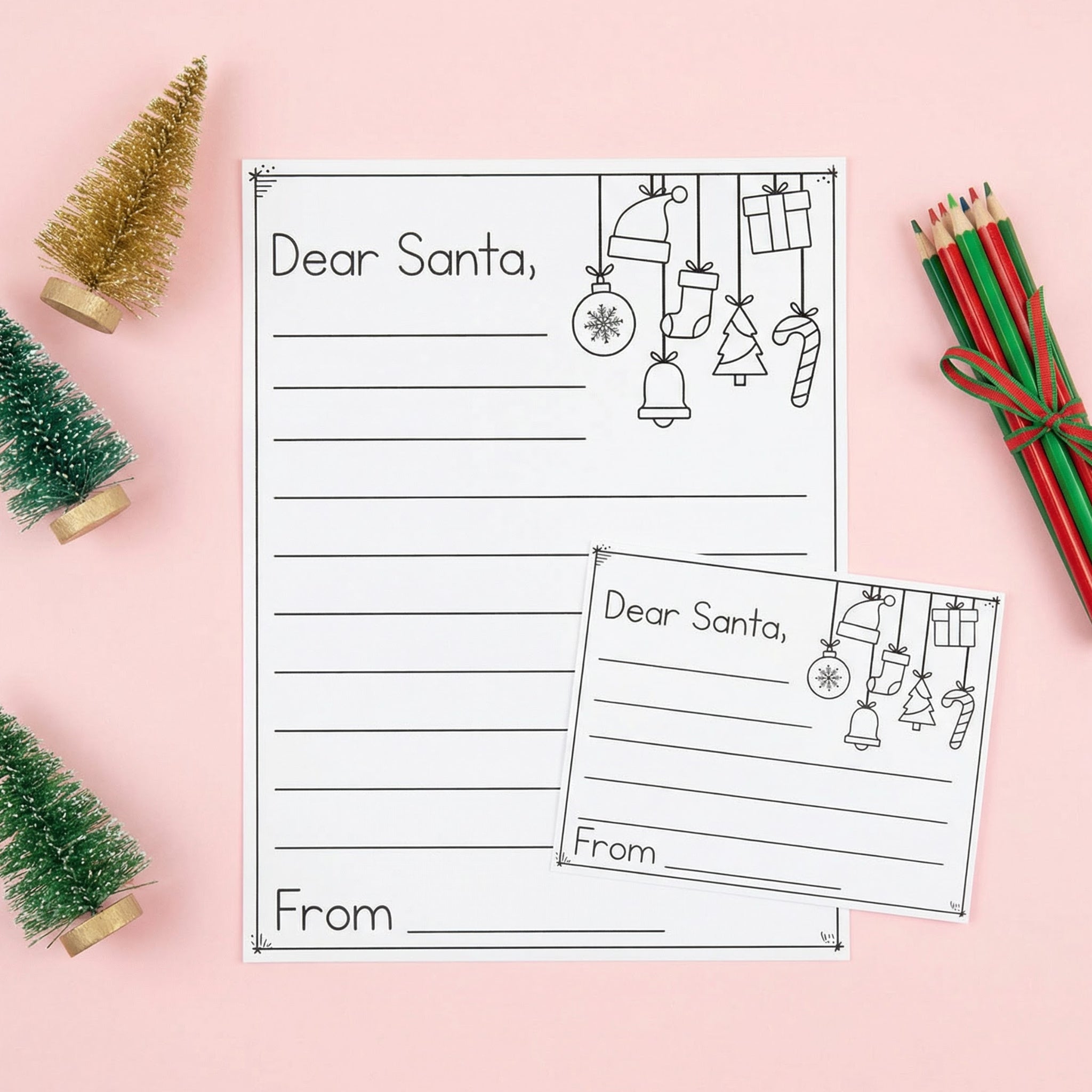 Printable “Dear Santa” letter writing template with lined space for students to write their Christmas wishes. The worksheet is styled on a pink background with coloured pencils and small Christmas tree decorations.