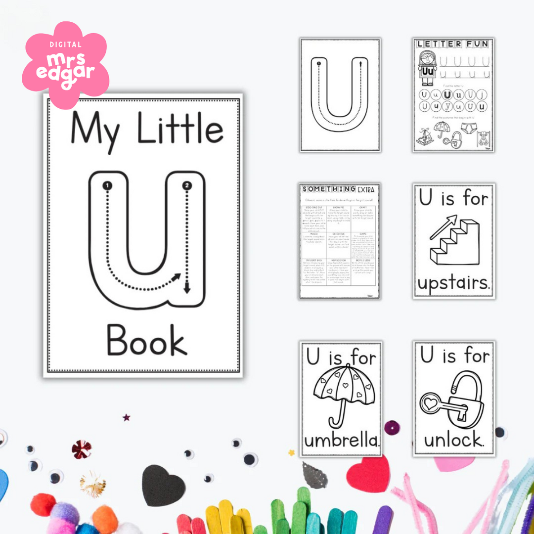 Early learning worksheets for the letter U featuring tracing, colouring pages, and words like umbrella, unlock, and upstairs.