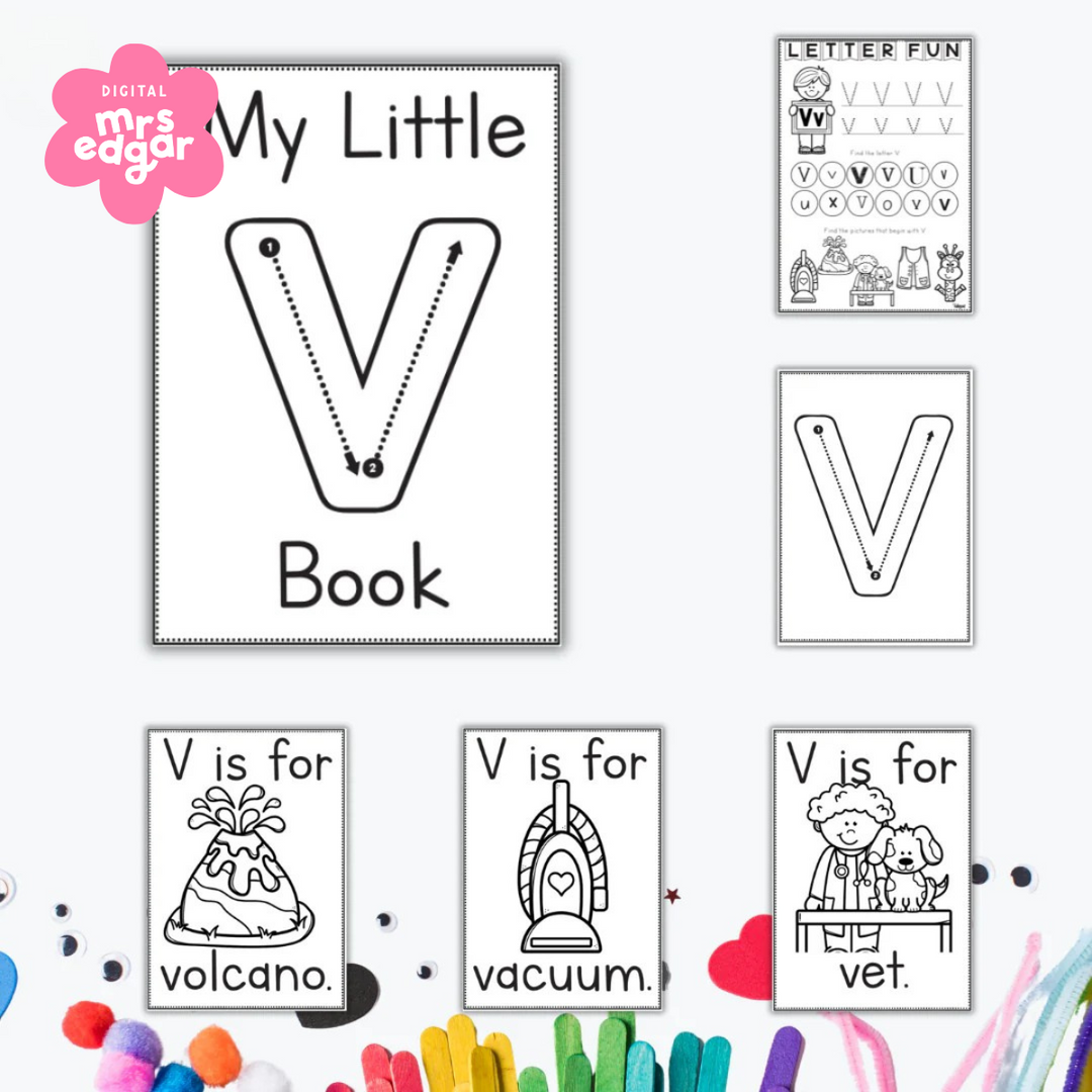 Black-and-white printable worksheets for learning the letter V, including tracing, letter recognition, and word association with images. Activities feature 'Letter Fun,' 'Something Extra' extension tasks, and 'V is for' pages with vacuum and volcano illustrations.