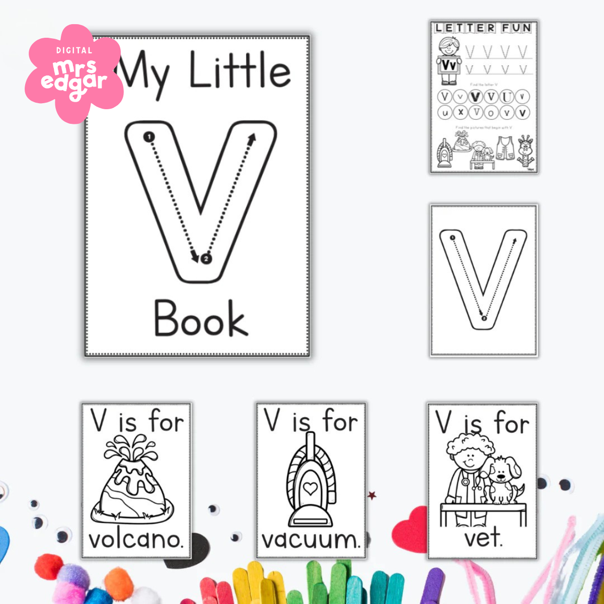 Black-and-white printable worksheets for learning the letter V, including tracing, letter recognition, and word association with images. Activities feature 'Letter Fun,' 'Something Extra' extension tasks, and 'V is for' pages with vacuum and volcano illustrations.