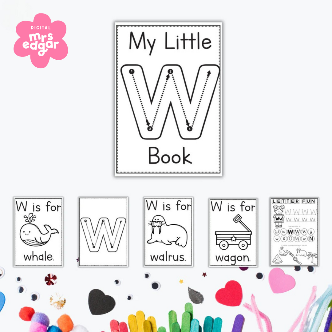 Early learning worksheets for the letter W featuring tracing, colouring pages, and words like whale, walrus, and wagon.