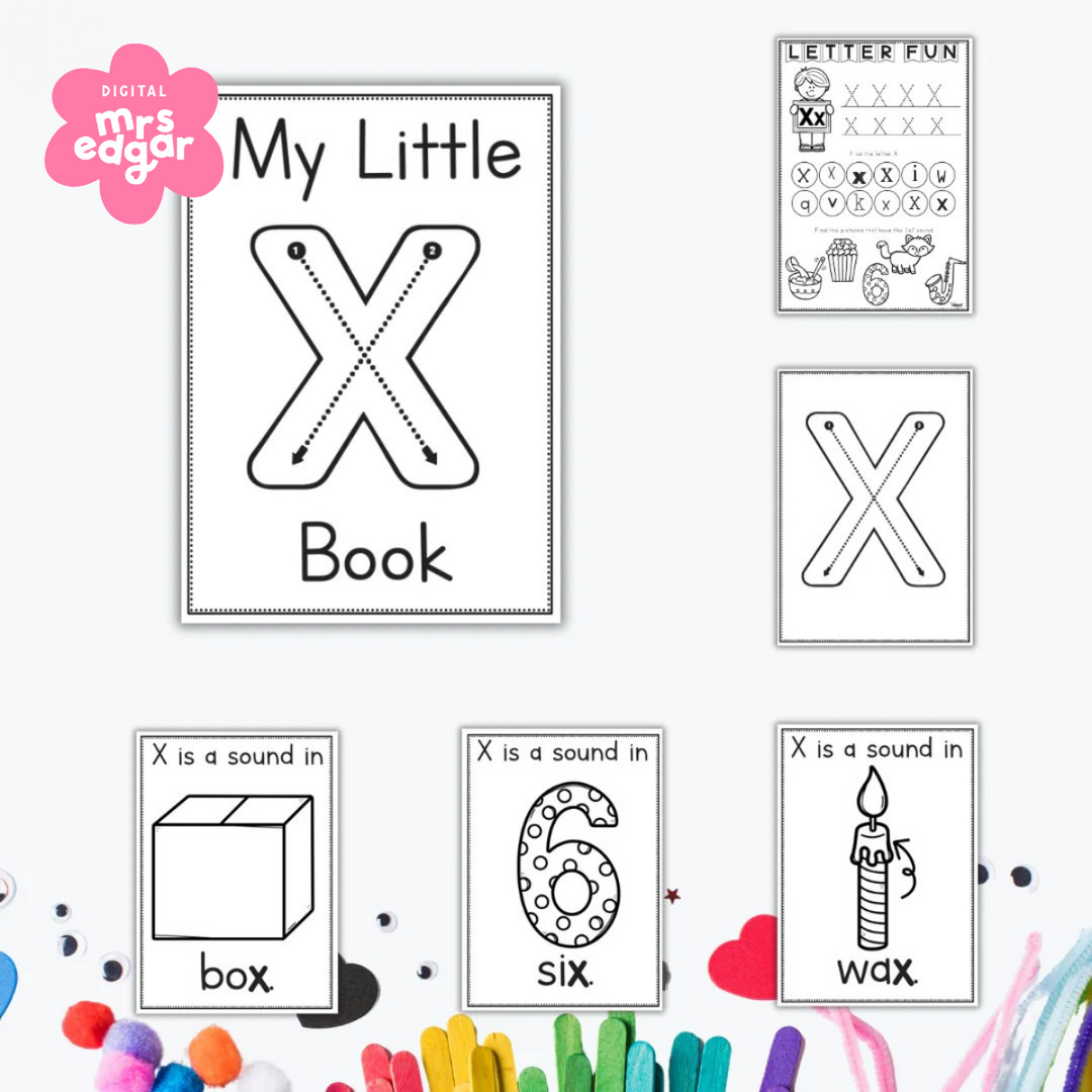 Early learning worksheets for the letter X featuring tracing, colouring pages, and words like boX, siX, and waX.