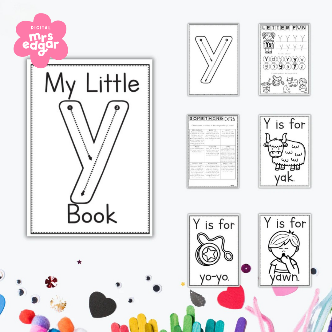 Early learning worksheets for the letter Y featuring tracing, colouring pages, and words like yak, yo-yo, and yawn.