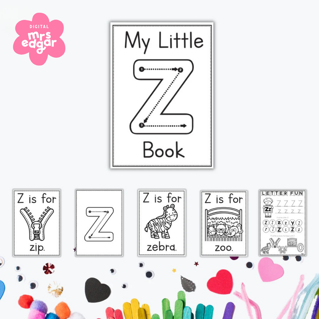 Letter Z alphabet booklet for early learners featuring tracing practice and cards with words like zebra, zip, and zoo.