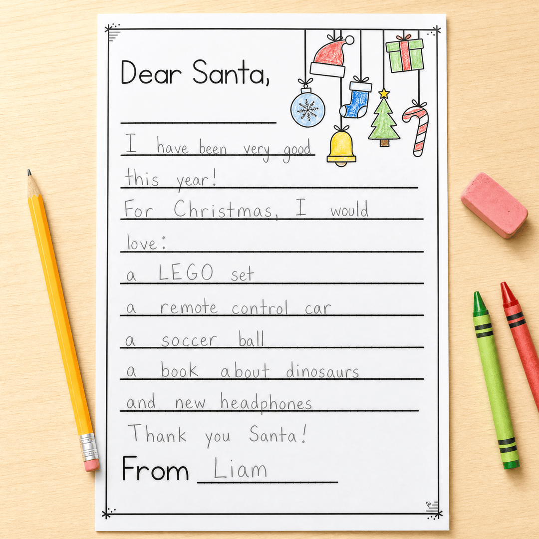Completed Letter to Santa template from student Liam with Christmas gift requests and festive ornament and candy cane decorations.