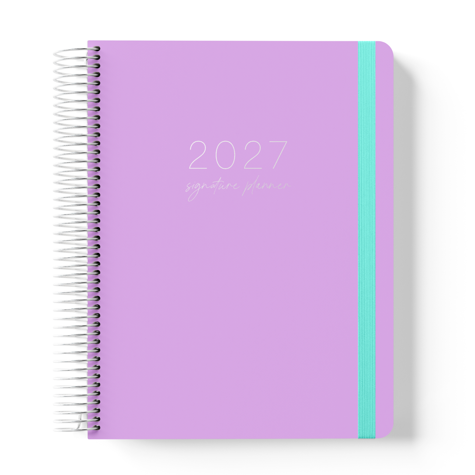 2027 Lilac Weekly Teacher Planner with lilac cover, silver coil and teal elastic on a white background.