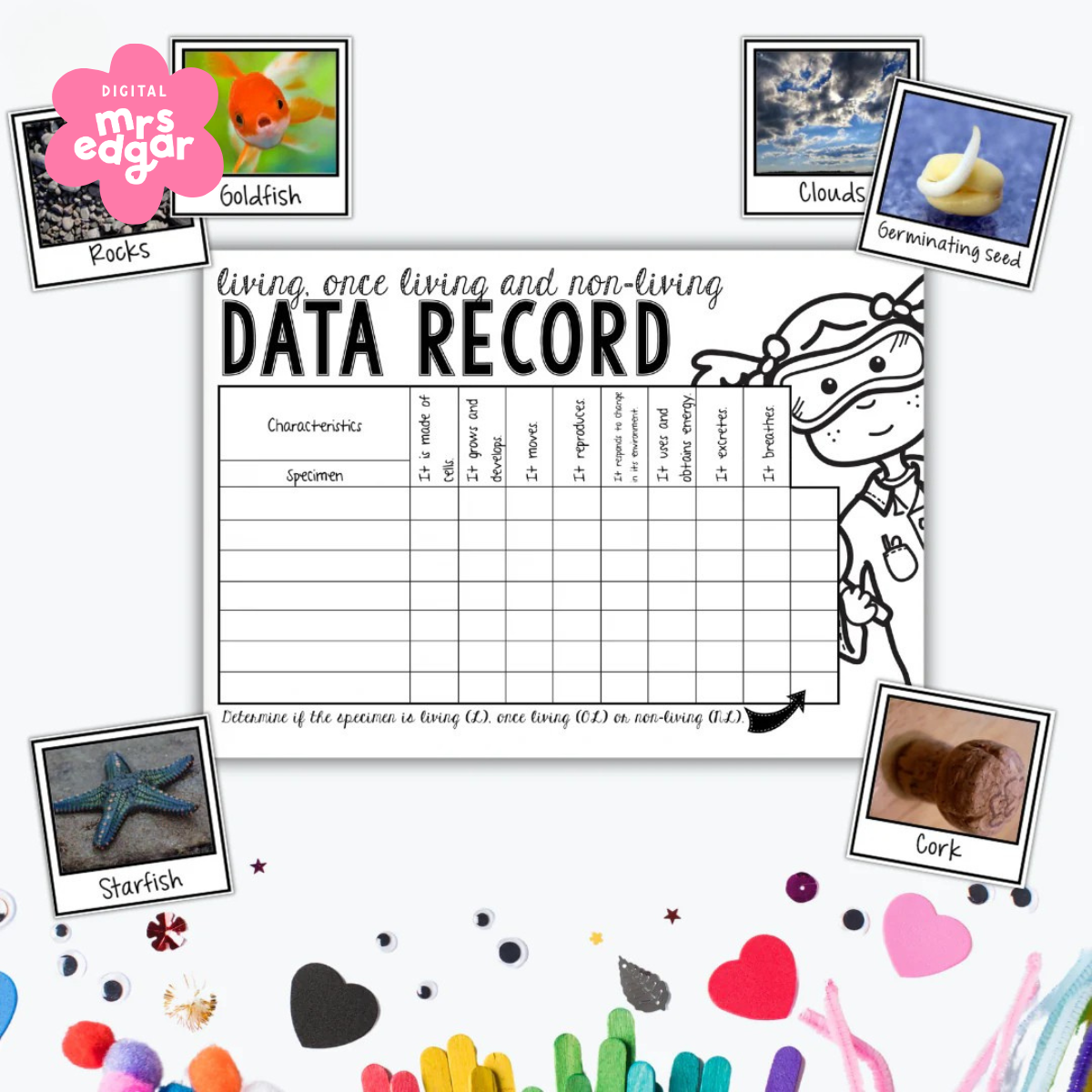 Living, Once Living, and Non-Living Data Record worksheet with images of items like rocks, goldfish, clouds, and starfish for classification activity.