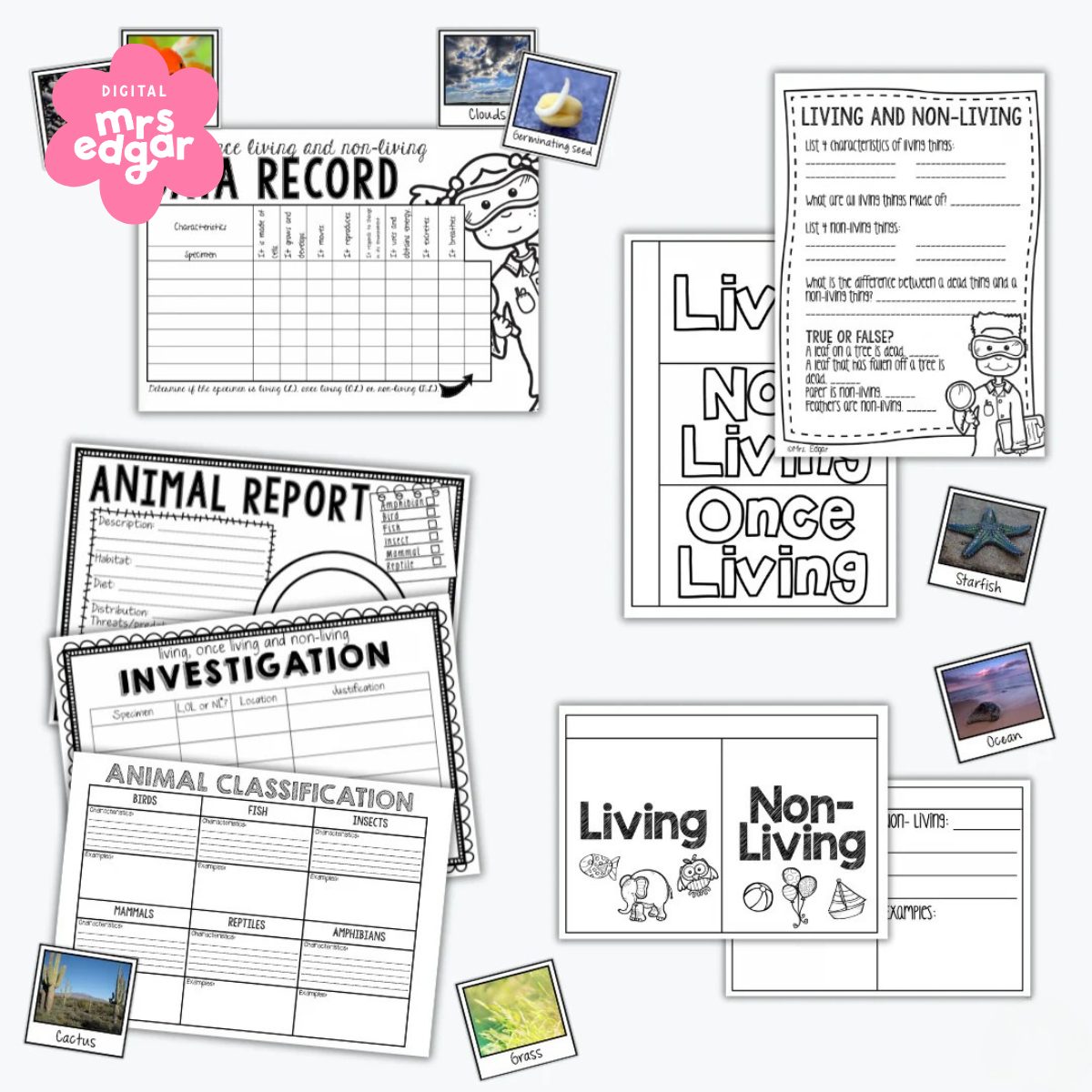 A collection of printable science worksheets for exploring living, once-living, and non-living things. Includes a data recording sheet, investigation and classification templates, and an animal report. Small labeled images such as a cactus, starfish, and ocean add visual support.