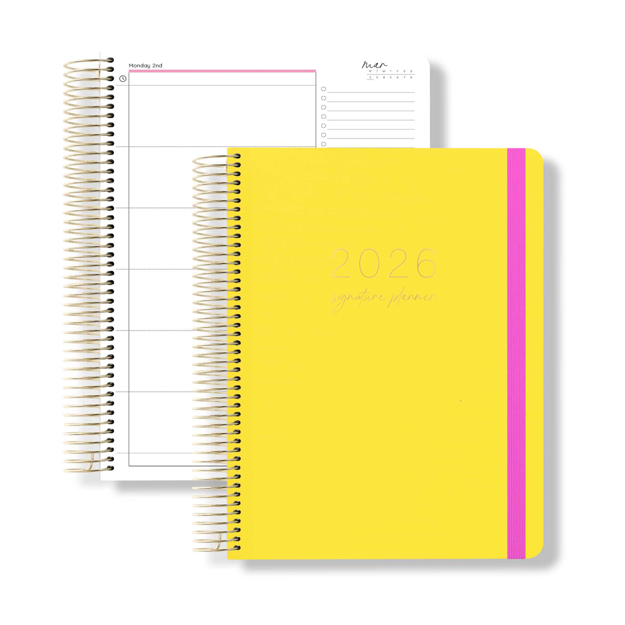 Front cover of the 2026 daily teacher planner in yellow with pink spine band, beside an open daily planning page.