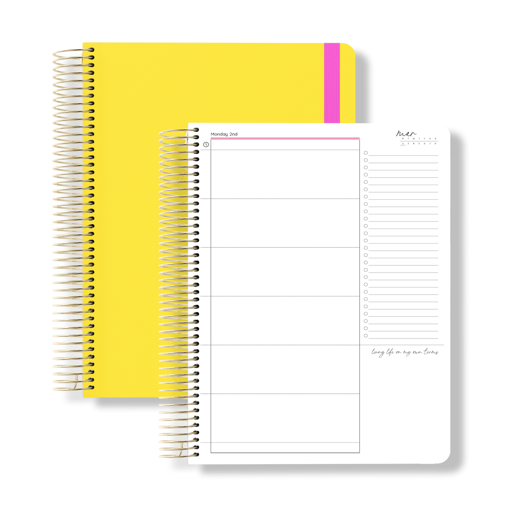 Flat lay of the 2026 yellow spiral planner with a daily layout showing time blocks and a checklist beside the closed cover.