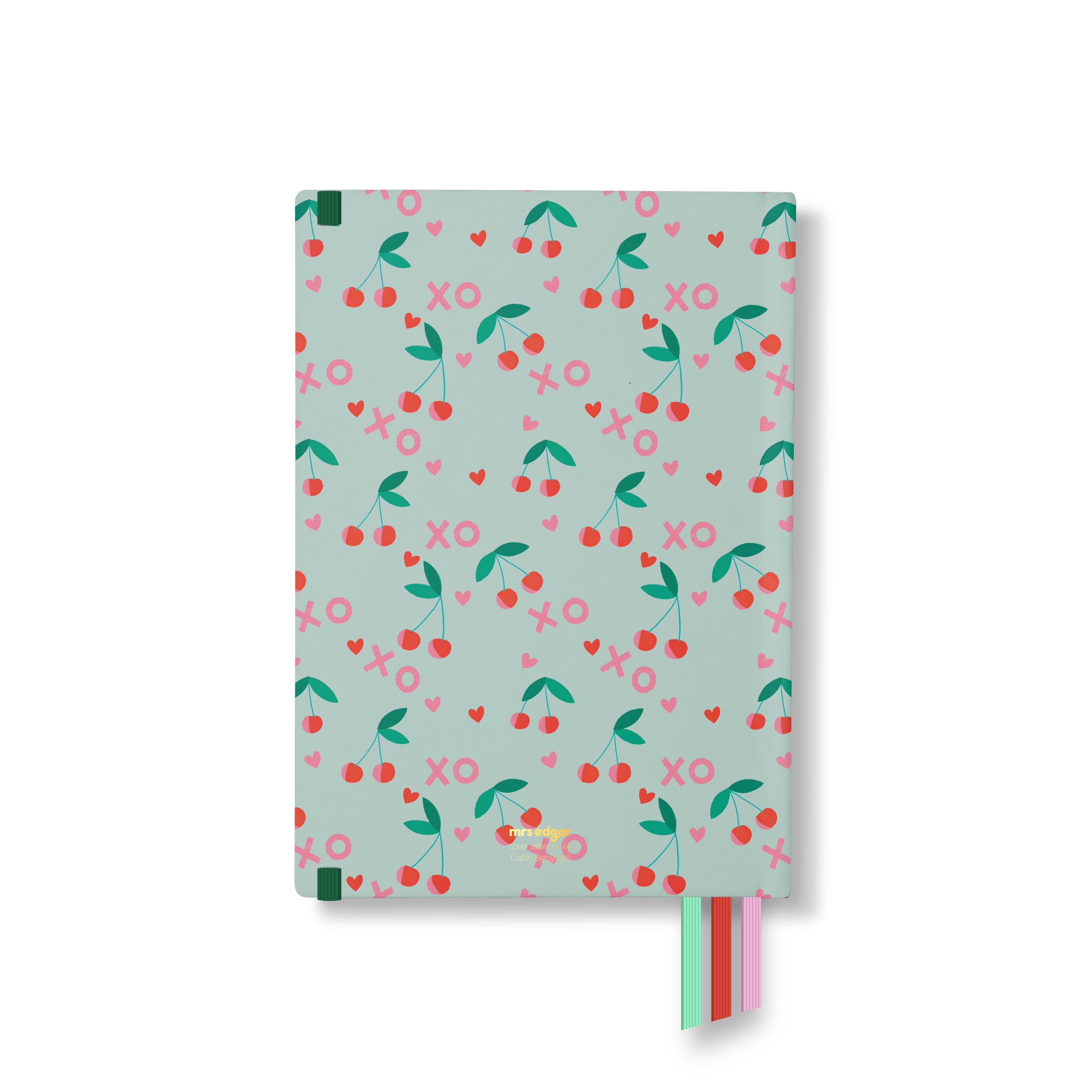 Mint green planner back cover with repeating cherry, heart, and “XO” pattern, and three ribbon bookmarks in red, mint, and pink.
