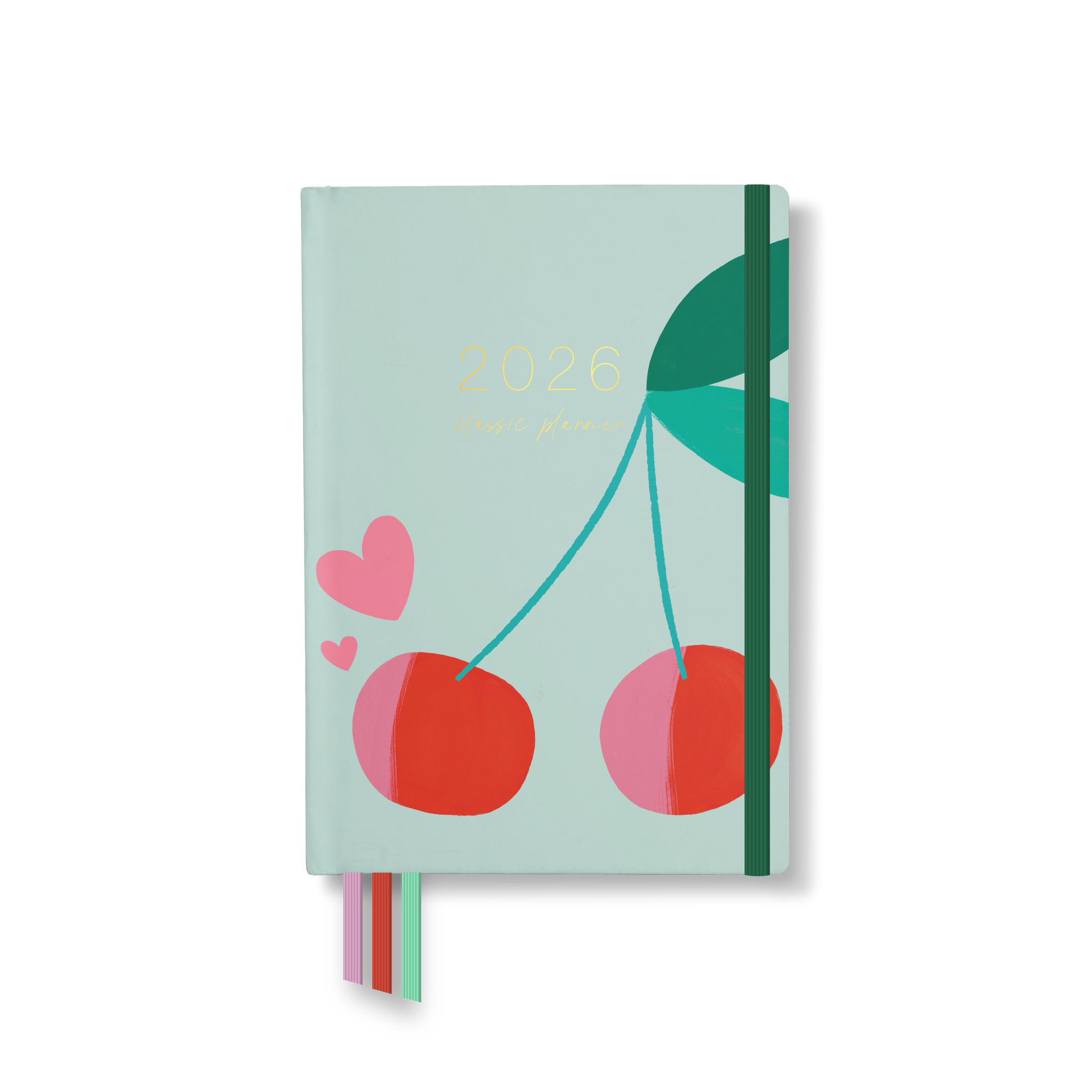 2026 classic planner front cover with cherry and heart illustrations on a mint green background, with green elastic and ribbon markers.