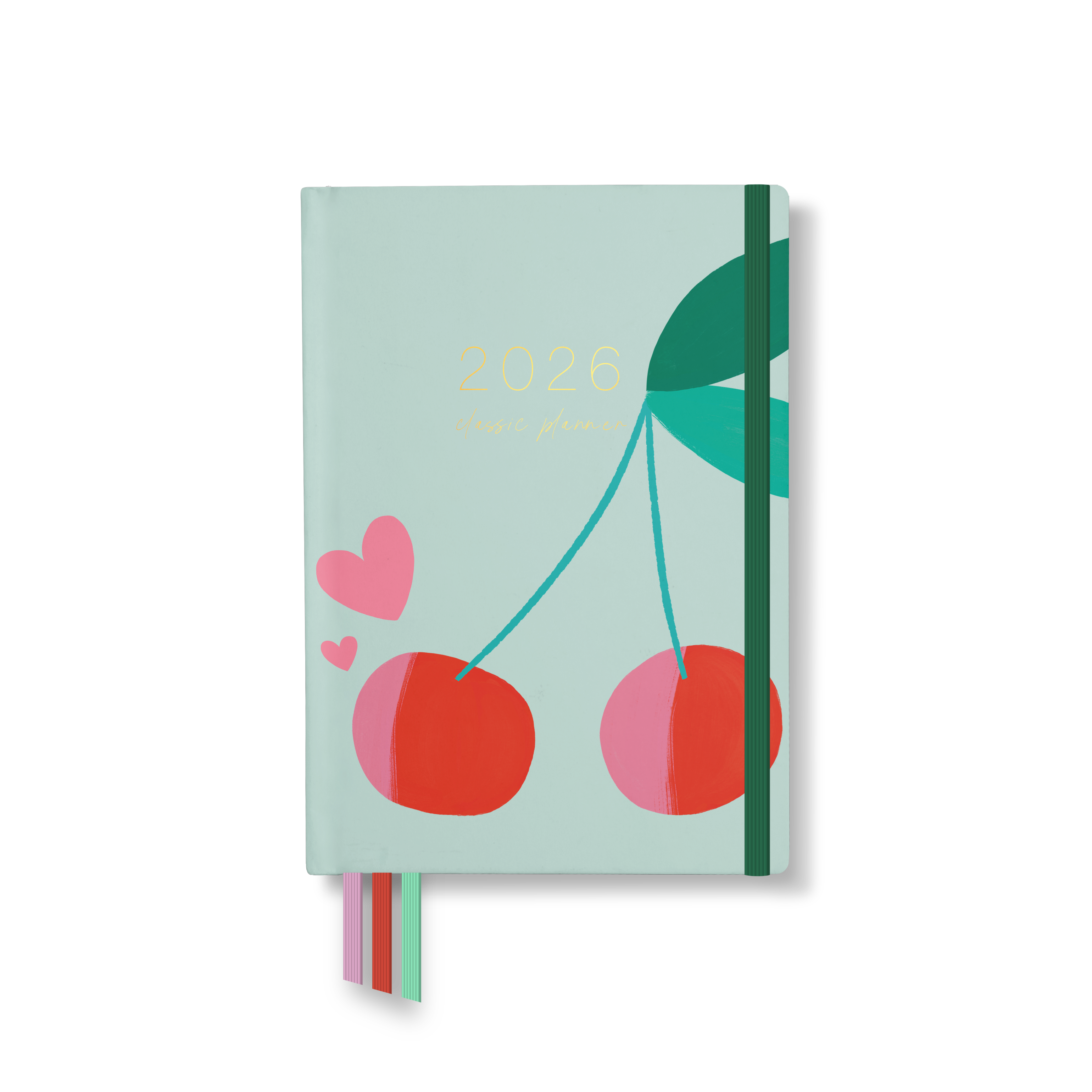 2026 classic planner front cover with cherry and heart illustrations on a mint green background, with green elastic and ribbon markers.