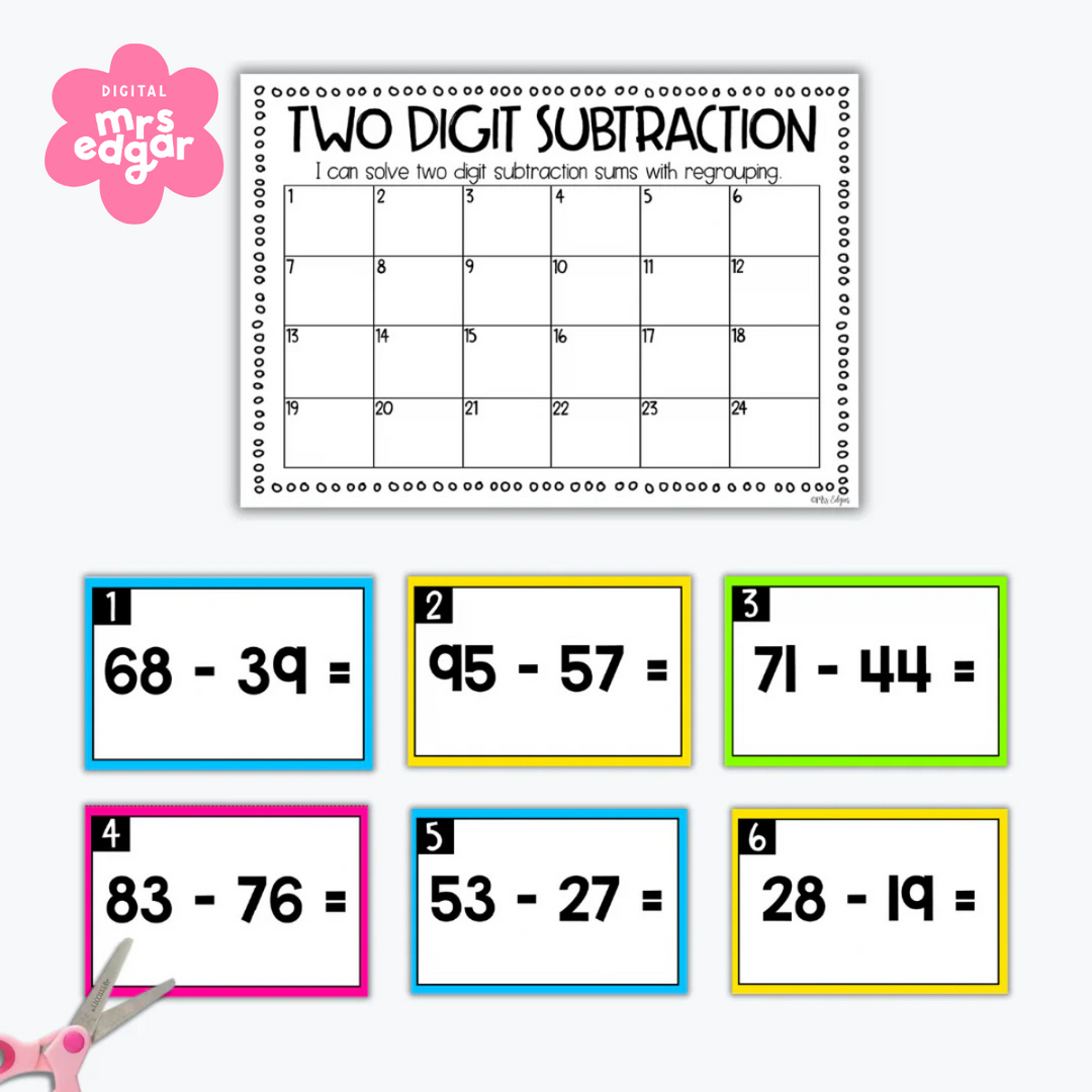 Two-Digit Subtraction with Regrouping Task Cards digital download displayed on a white background, featuring colourful subtraction practice cards.