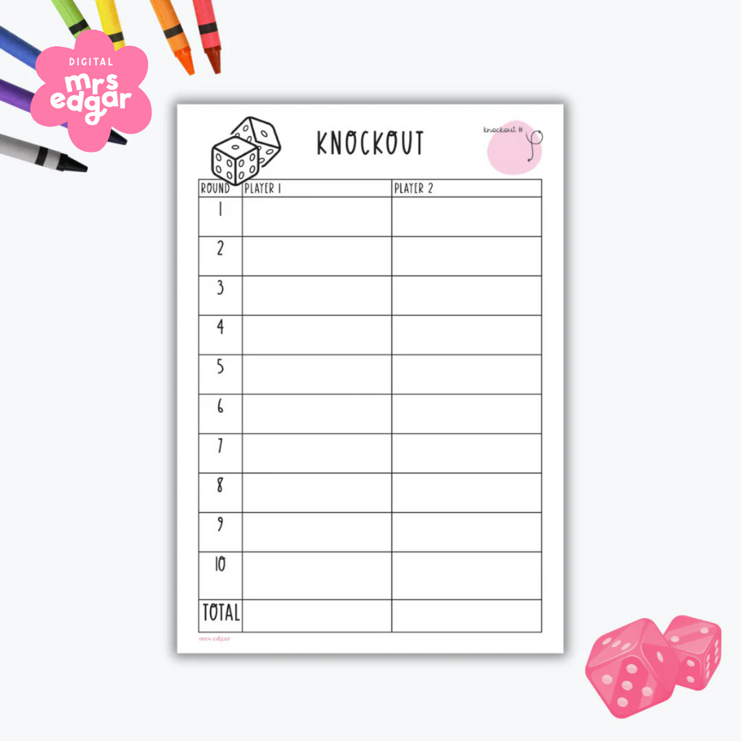  A printable Knockout math game score sheet featuring a simple table for two players to record their scores across ten rounds. The sheet includes dice illustrations and a total score section at the bottom. Surrounding the page are colourful crayons and pink dice.