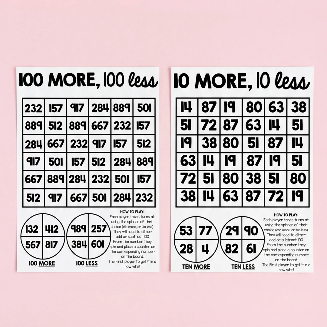 100 more and 100 less maths board game, alongside a 10 more and 10 less number practice activity with spinners and grids.
