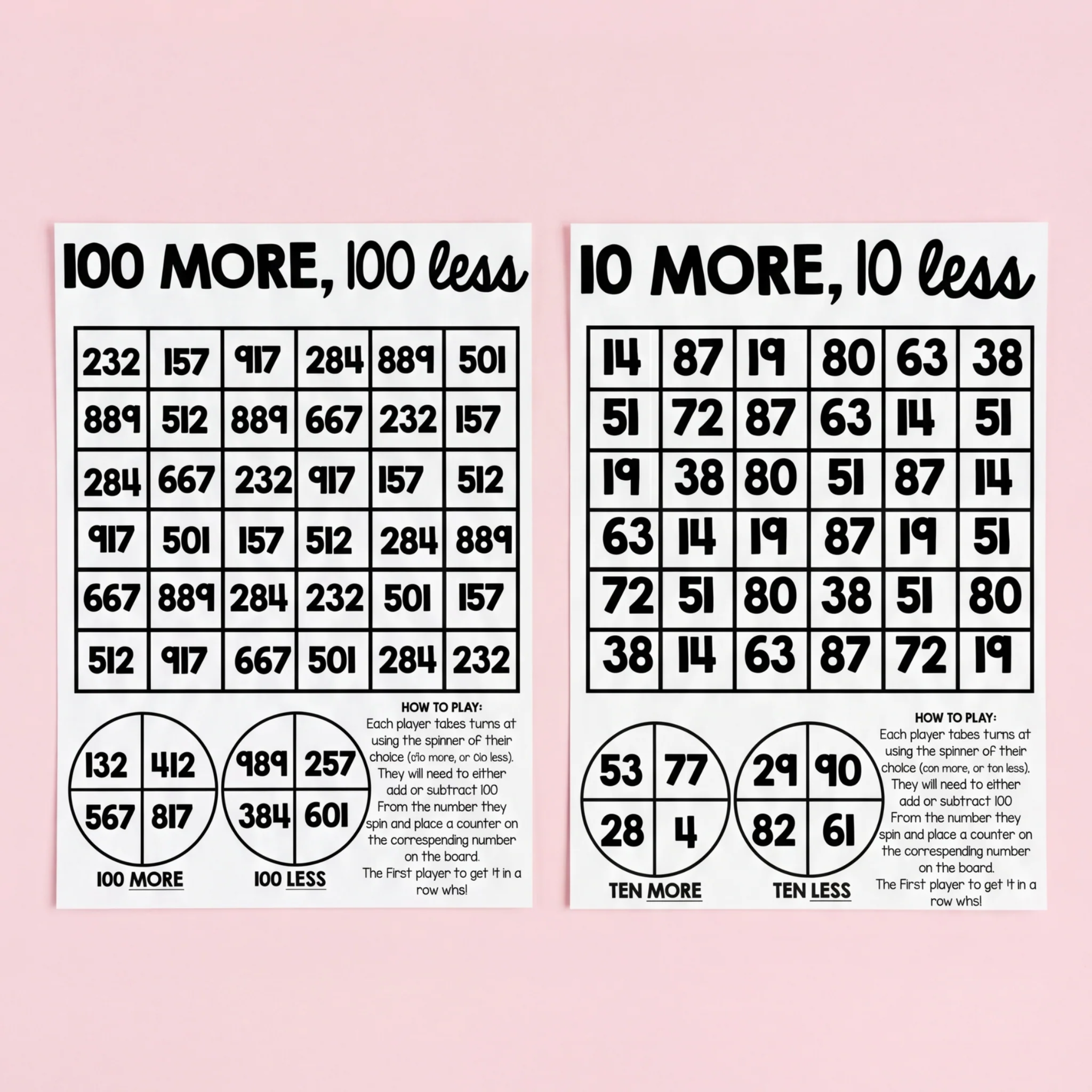 100 more and 100 less maths board game, alongside a 10 more and 10 less number practice activity with spinners and grids.
