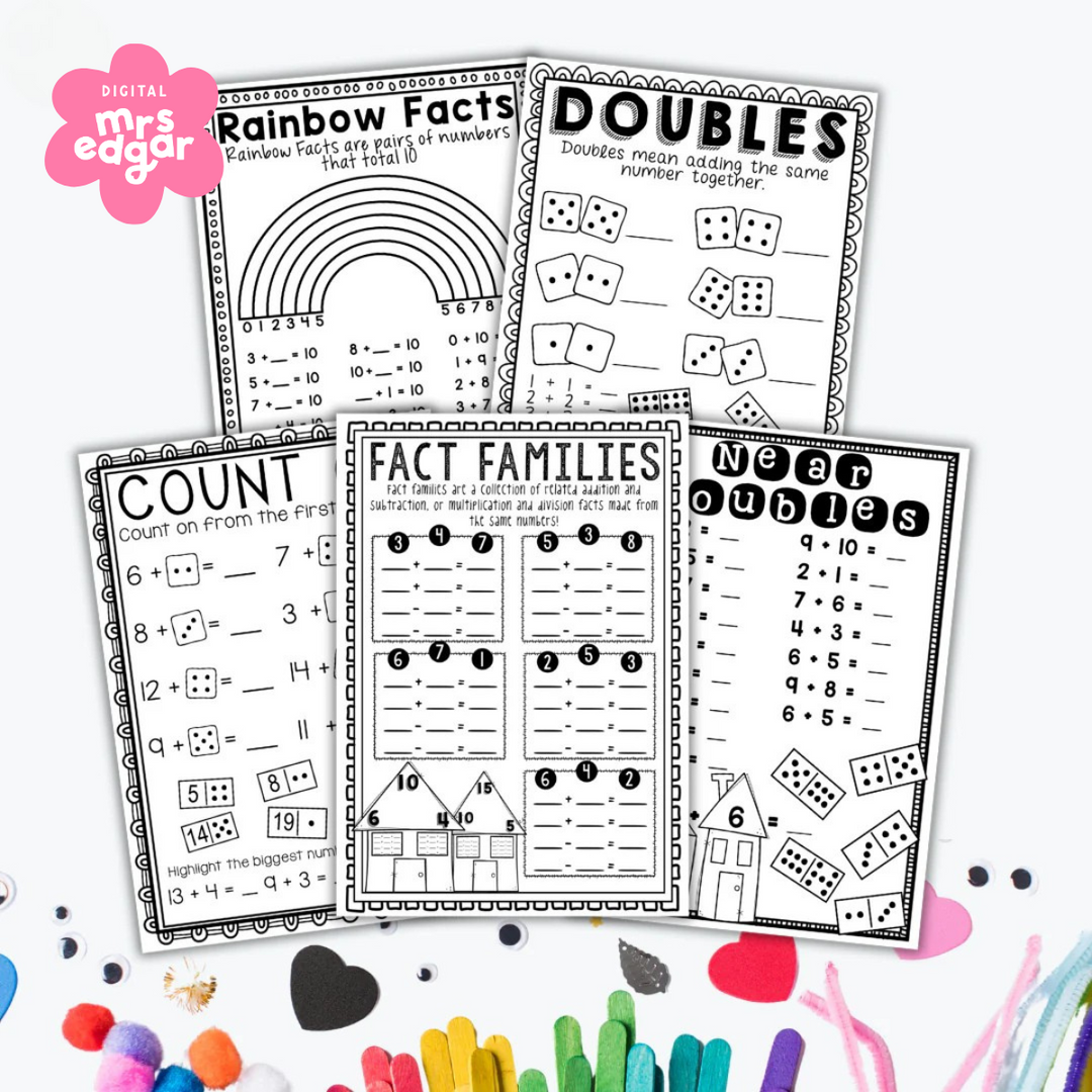 5 worksheets labeled 'rainbow facts' ,'doubles', 'count', 'fact families', 'near doubles'. Surrounded by decorative items. 