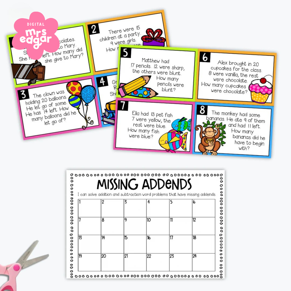 Digital download Missing Addend Word Problems Task Cards displayed with a pair of scissors, ready for classroom use and cutting preparation.