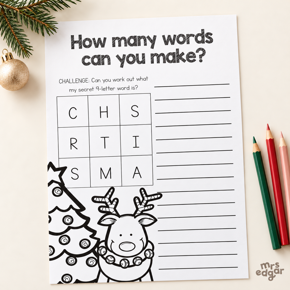 Mrs Edgar Christmas Word Challenge worksheet: how many words can you make from CHRISTMAS