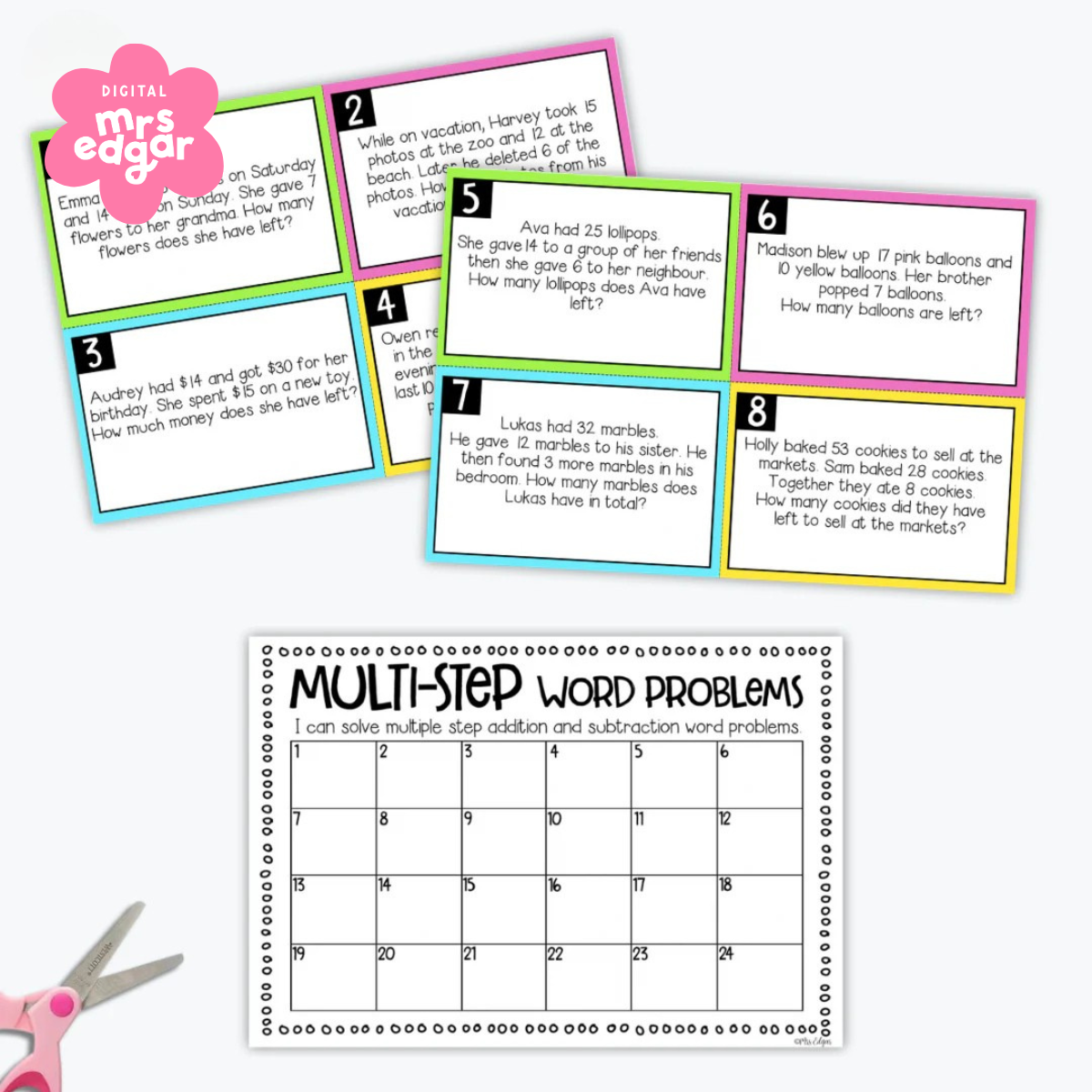 A photo of the digital teacher printable 'Interactive Multi-Step Word Problems Task Cards' featuring a white background.