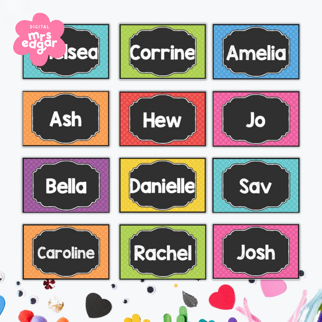 A collection of vibrant name tags featuring student names in bold white text on black chalkboard-style labels with colourful polka-dot borders.