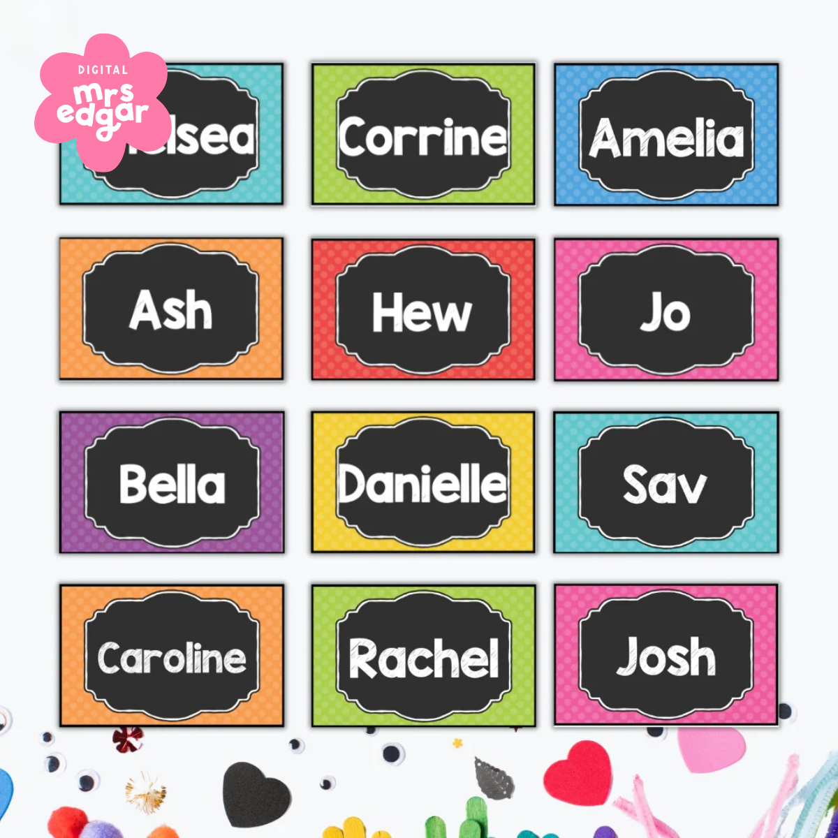 A collection of vibrant name tags featuring student names in bold white text on black chalkboard-style labels with colourful polka-dot borders.