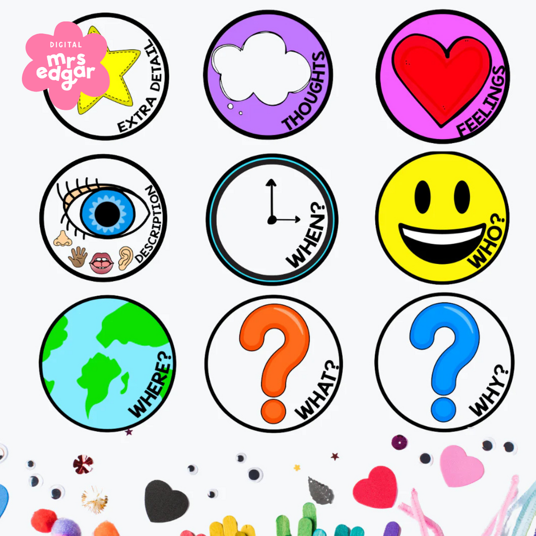 Nine colourful storytelling prompt icons arranged in a 3x3 grid, each with a visual cue and a keyword such as 'Who?,' 'What?,' and 'Why?'. The bottom features an assortment of craft materials, including coloured popsicle sticks, hearts, googly eyes, and glittery decorations.