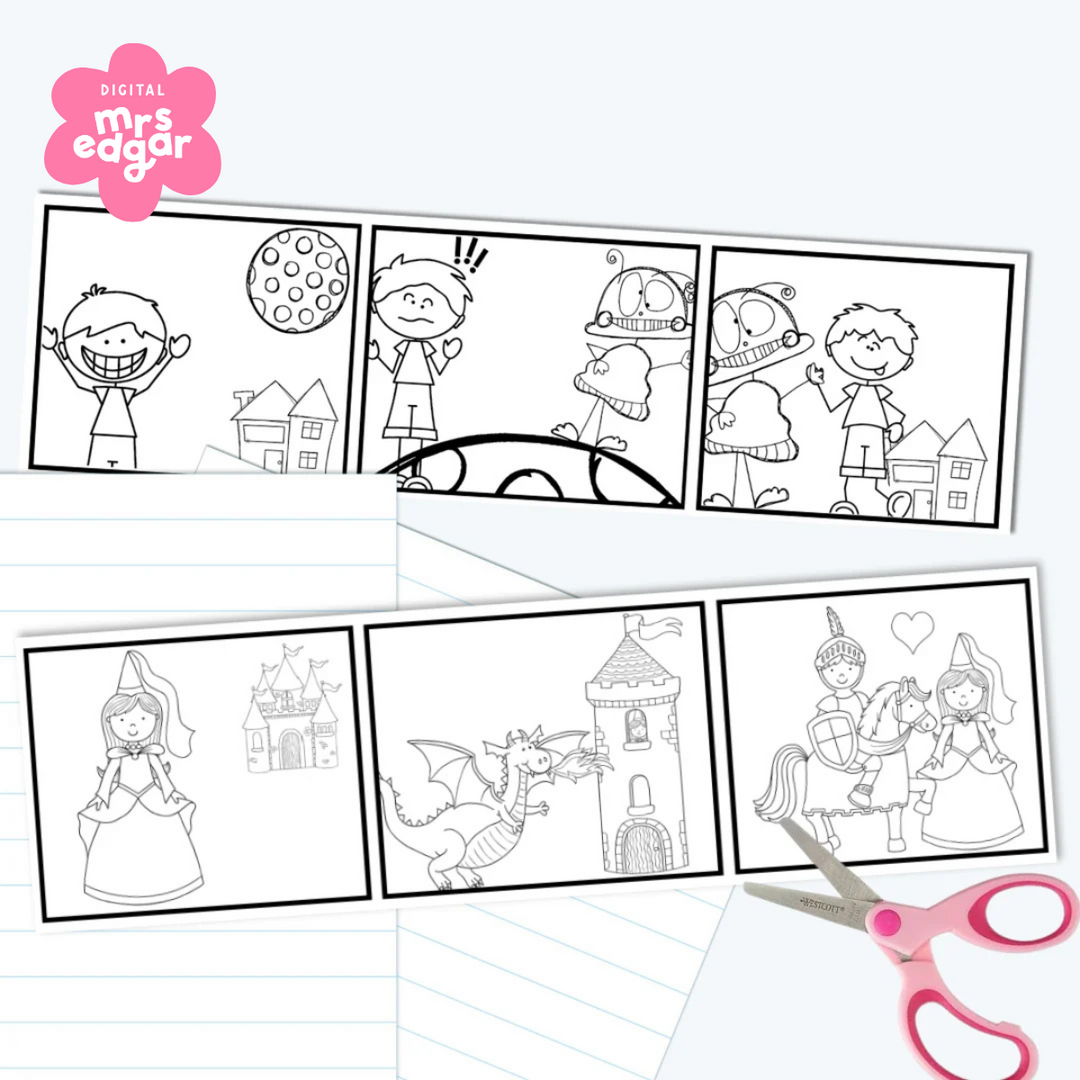 A set of printable story sequencing cards with different black-and-white illustrations, including a knight and princess, and a boy with a robot. A pair of scissors suggests they are cut-and-paste activities.