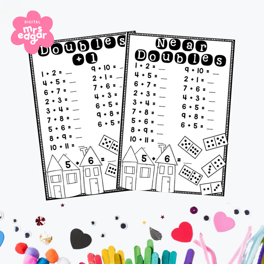 Two black-and-white printable worksheets for teaching near doubles and doubles plus one math strategies. The 'Doubles +1' worksheet includes problems such as 1+2 and 4+5, while the 'Near Doubles' worksheet features similar problems like 1+2 and 6+5. Both worksheets have a decorative border, small house illustrations, and domino visuals to support student engagement. Designed for teachers to use in classrooms.