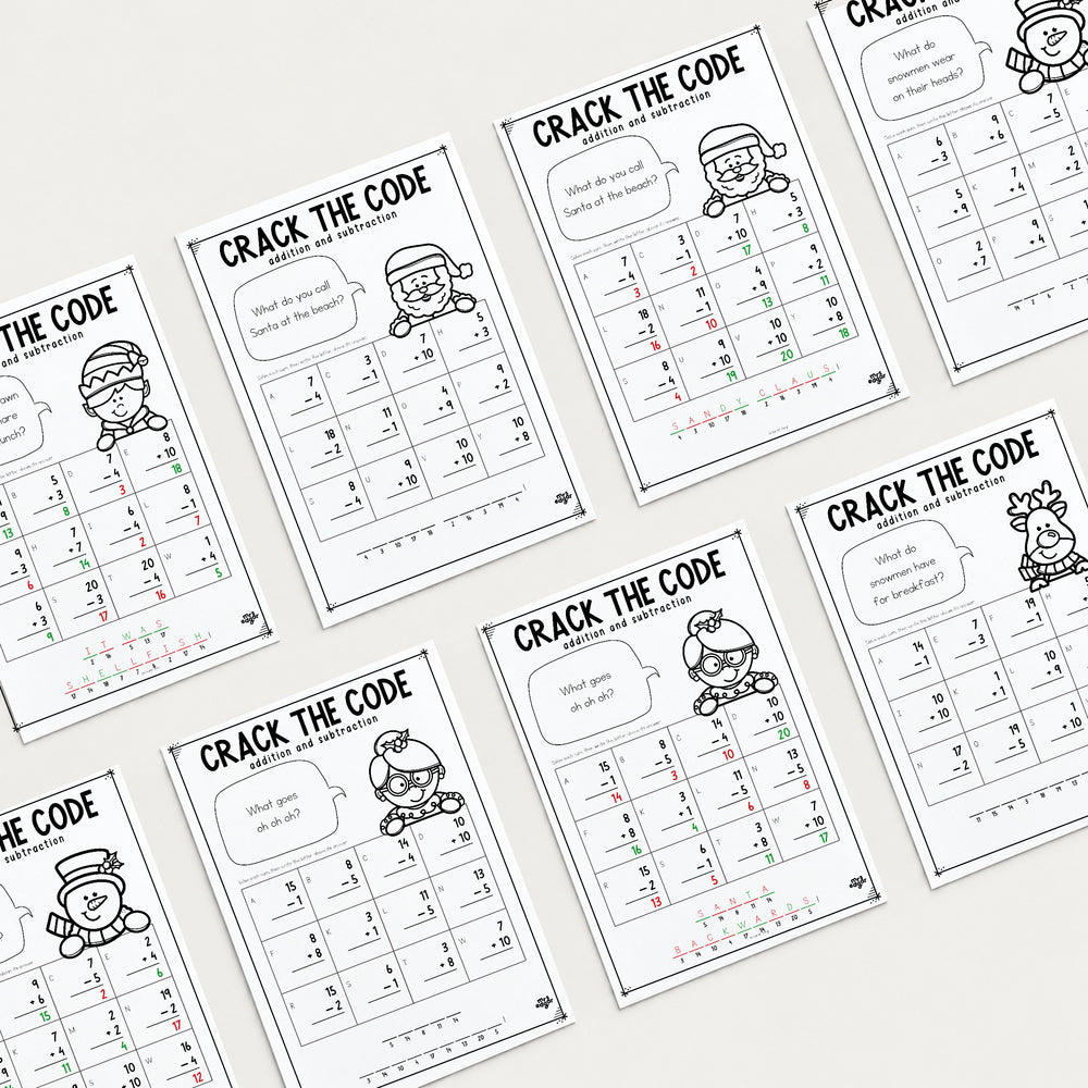 Eight Christmas Crack the Code Foundation worksheets and answer keys laid out in a grid