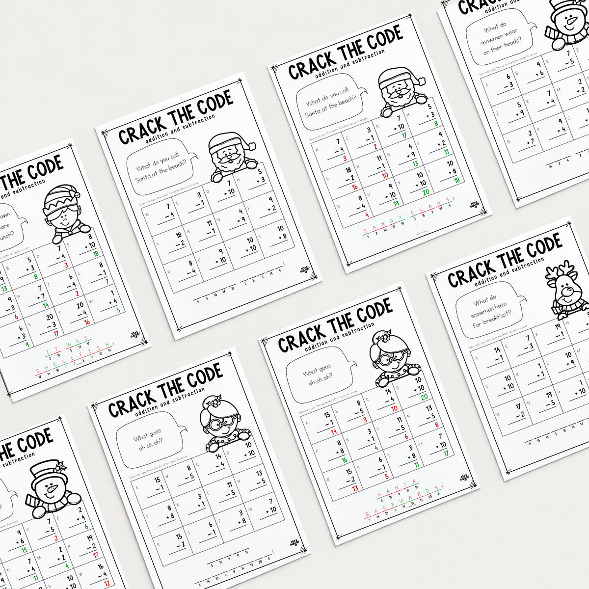Eight Christmas Crack the Code Foundation worksheets and answer keys laid out in a grid