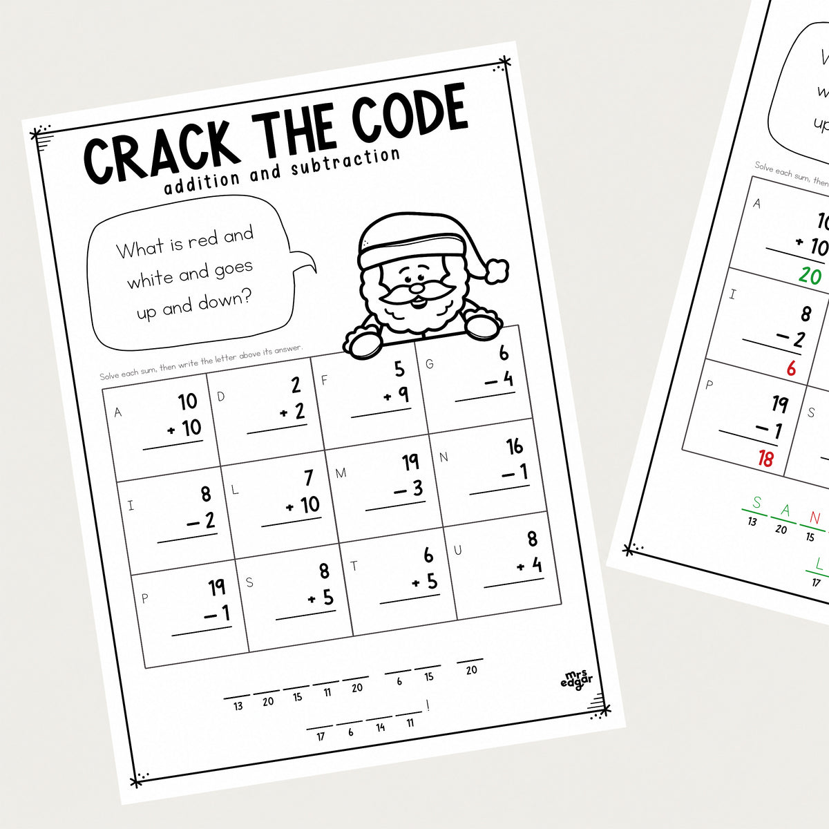 A Christmas Crack the Code Foundation worksheet with its answer key behind
