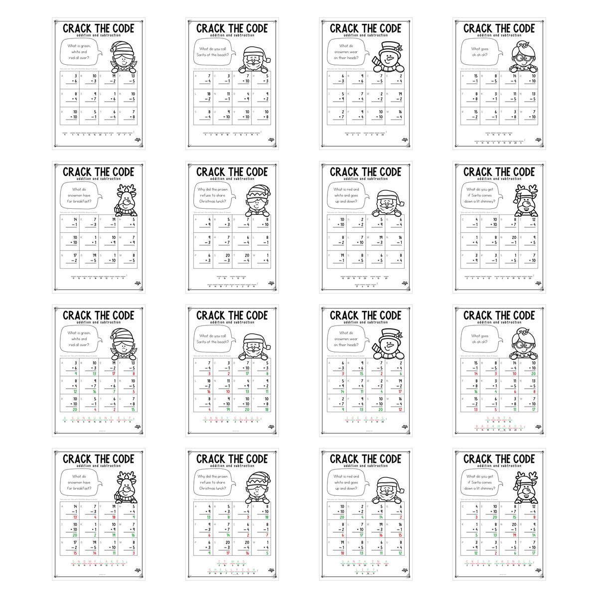Christmas Crack the Code Foundation — all sixteen pages: eight crack-the-code sheets and eight answer keys.