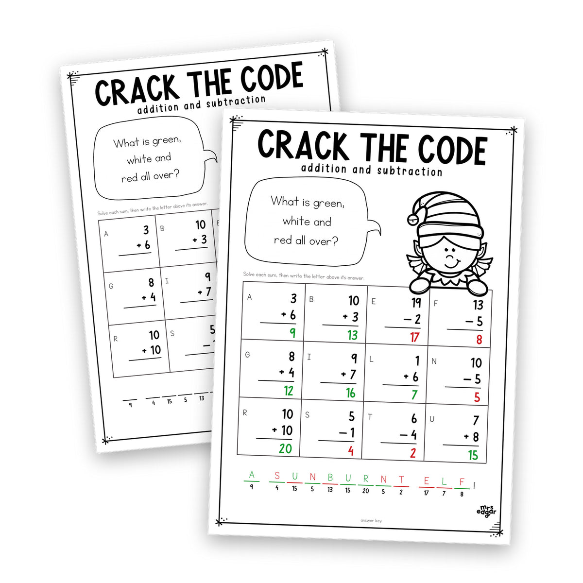 Christmas Crack the Code Foundation — a crack-the-code sheet with its matching answer key.