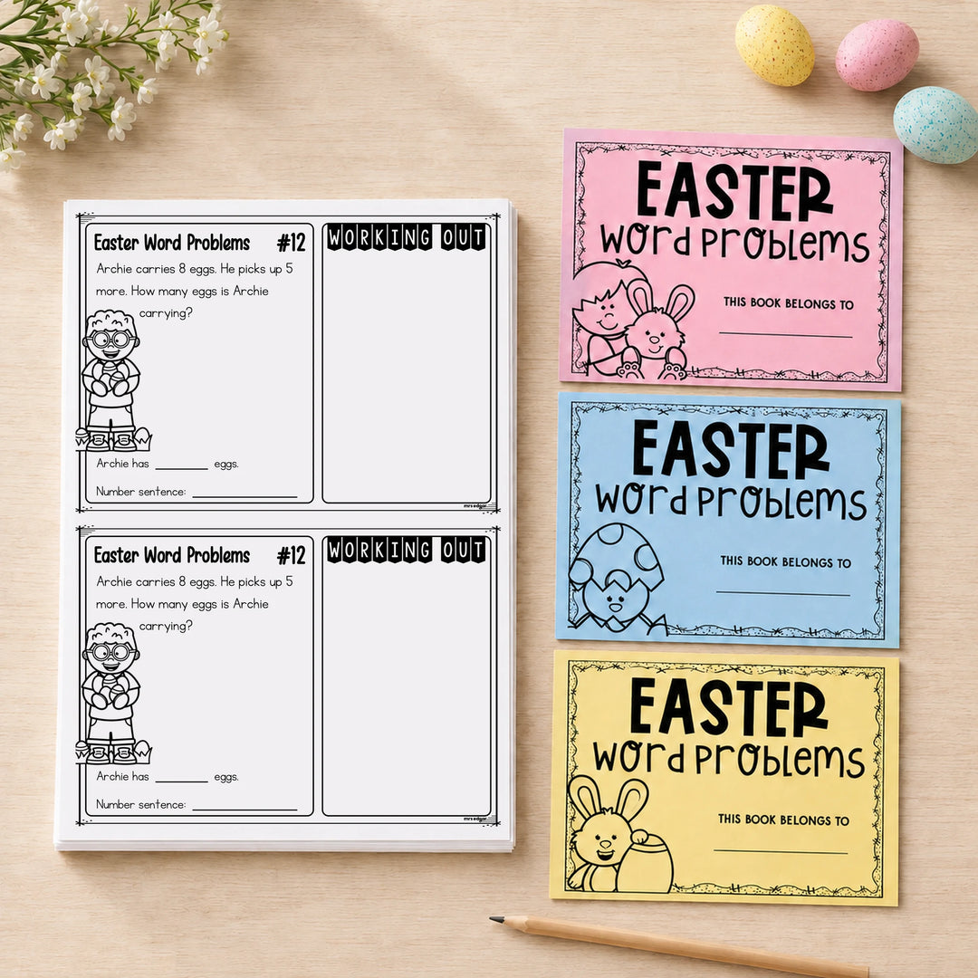 Easter word problems for Foundation — styled cover of the printable Easter maths task card pack for Prep, Pre-primary and Kindergarten