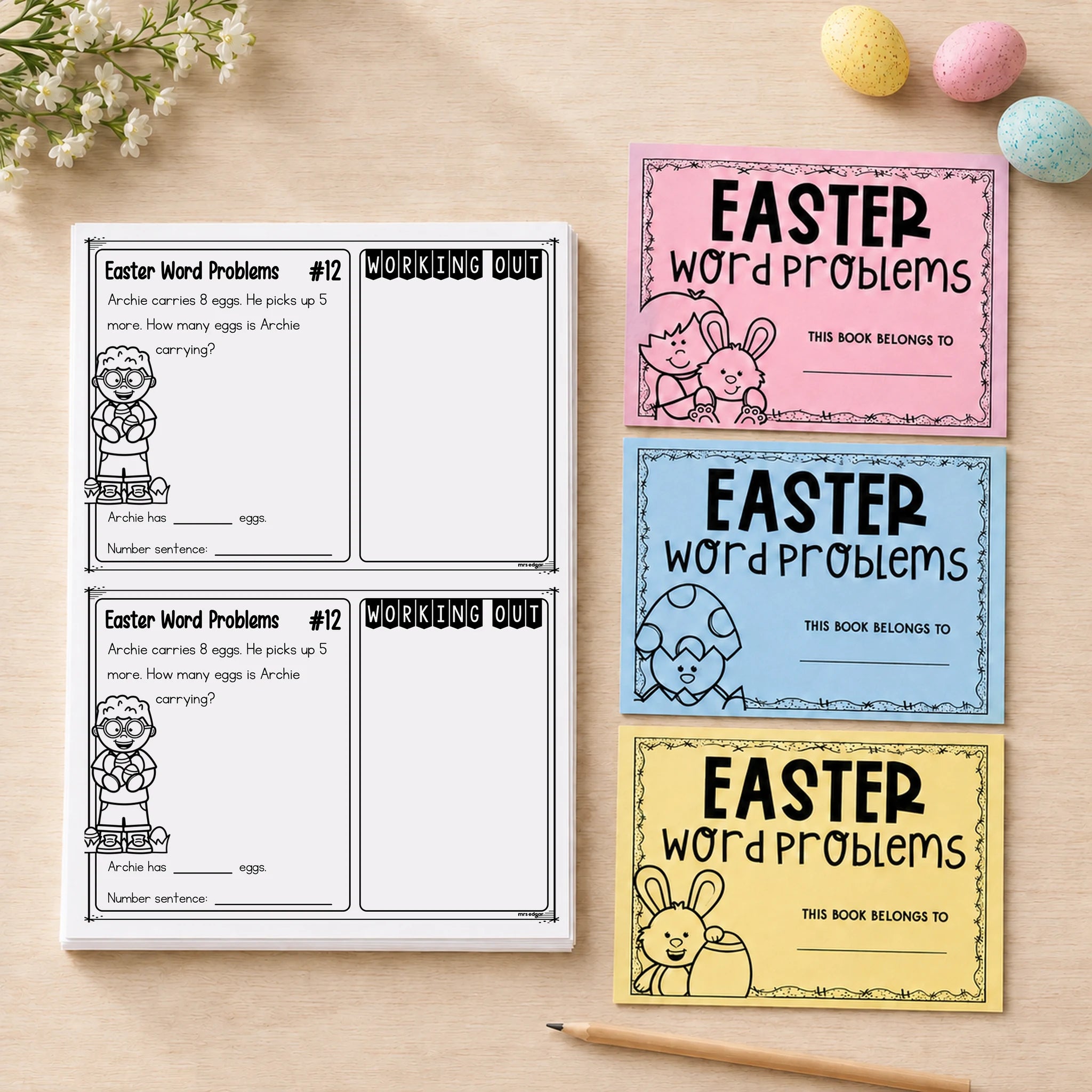 Easter word problems for Foundation — styled cover of the printable Easter maths task card pack for Prep, Pre-primary and Kindergarten