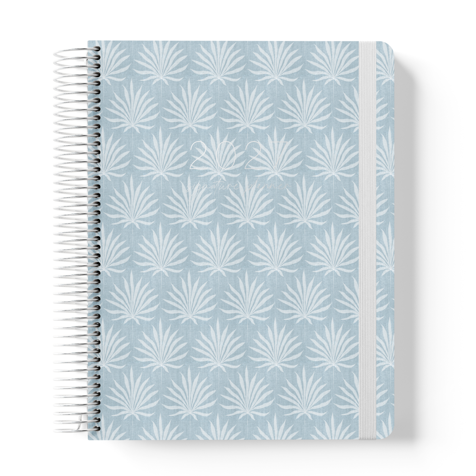 2027 teacher planner with blue palm pattern cover, silver spiral binding and elastic closure for school planning and organisation.