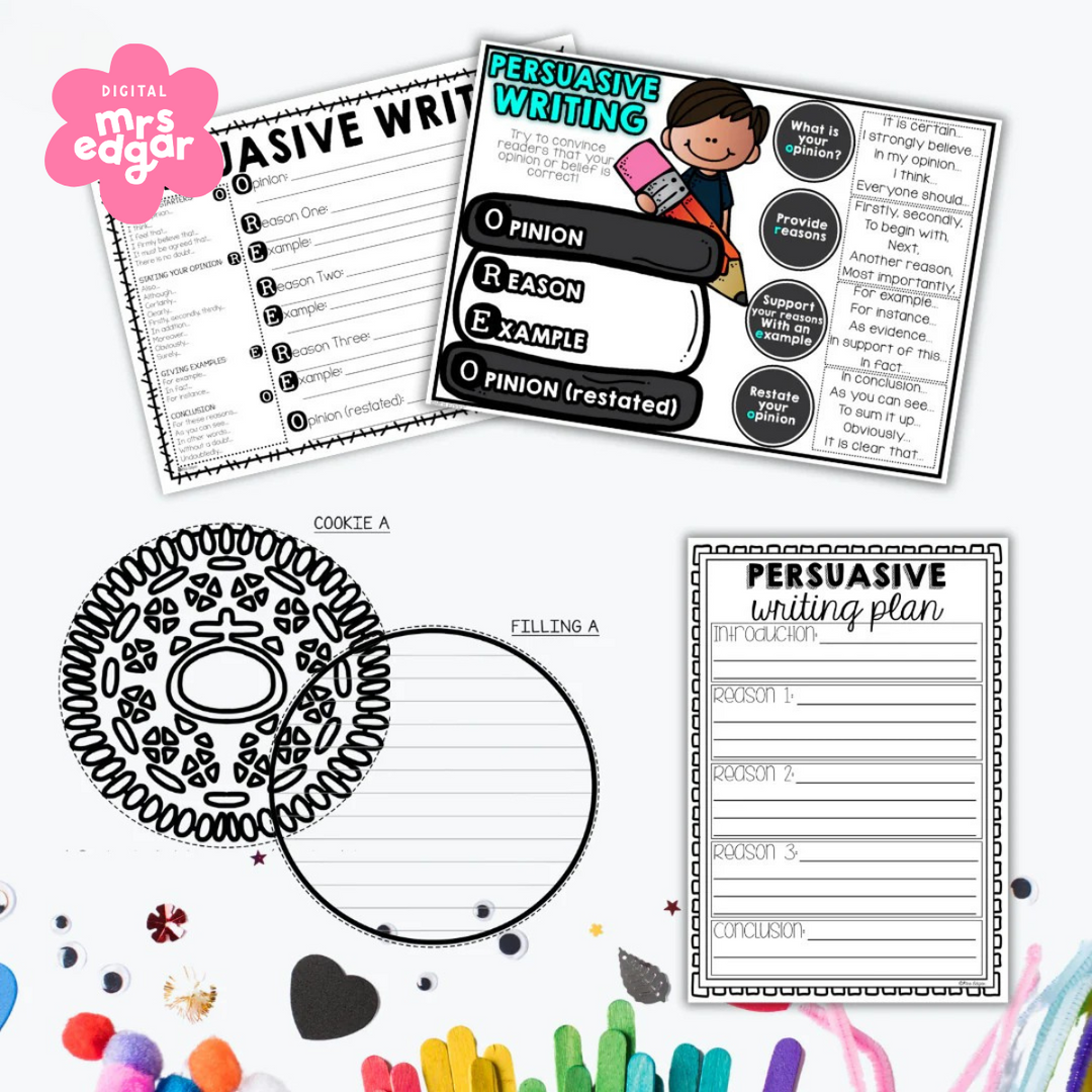 Persuasive writing teaching resource with colourful visuals explaining the OREO structure: Opinion, Reason, Example, Opinion (restated). Includes a breakdown of persuasive phrases, a writing template shaped like an OREO cookie, and a planning worksheet with sections for an introduction, reasons, examples, and conclusion. 