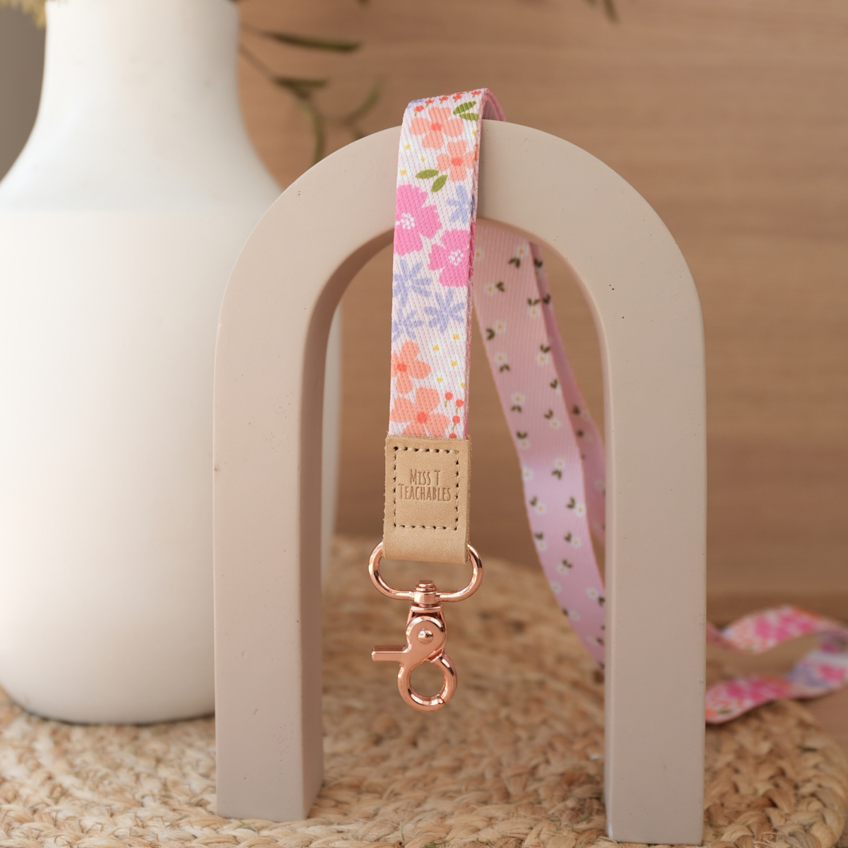 Pink Ditsy Floral reversible teacher lanyard, pink and lilac floral front with soft pink daisy reverse and rose gold clasp