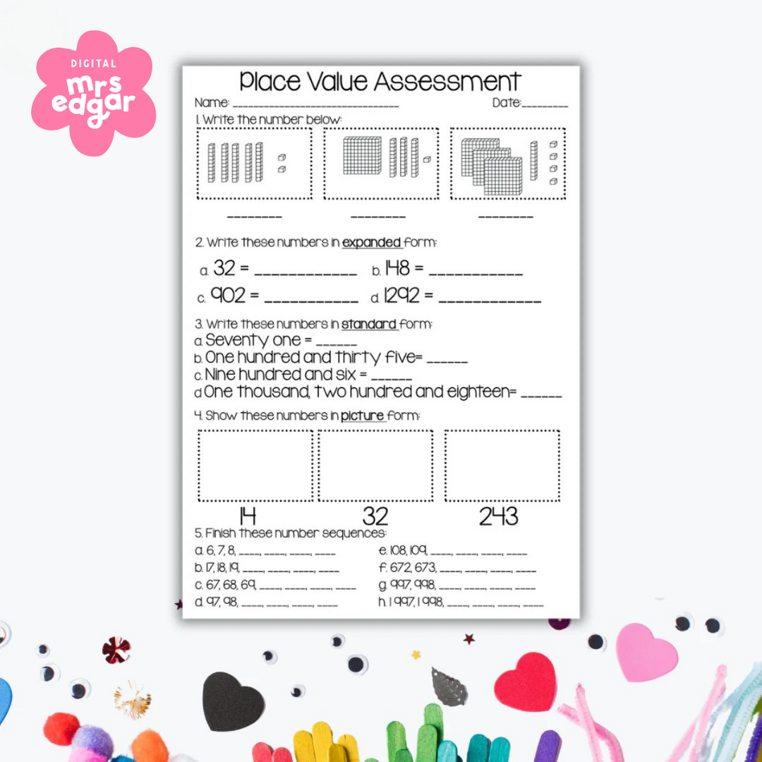 A Place Value Assessment worksheet with black-and-white illustrations of base ten blocks and sections for writing numbers in expanded and standard form, completing number sequences, and representing numbers as pictures. Decorated with colourful craft supplies at the bottom of the image.