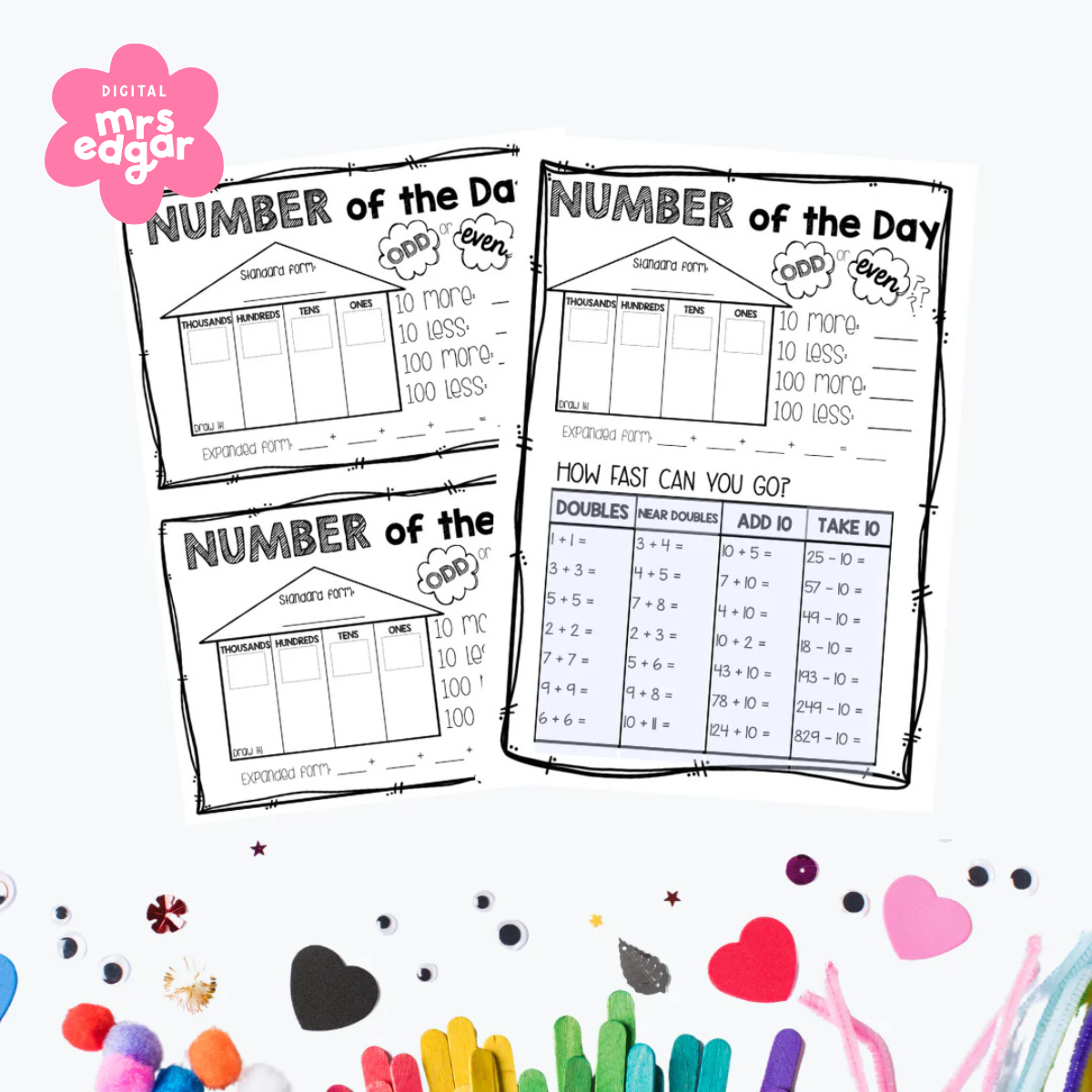 Black and white printable worksheet titled 'Number of the Day' featuring sections for place value (thousands, hundreds, tens, ones), expanded form, and calculations for 10 and 100 more or less. The sheet has a playful, doodle-style border.