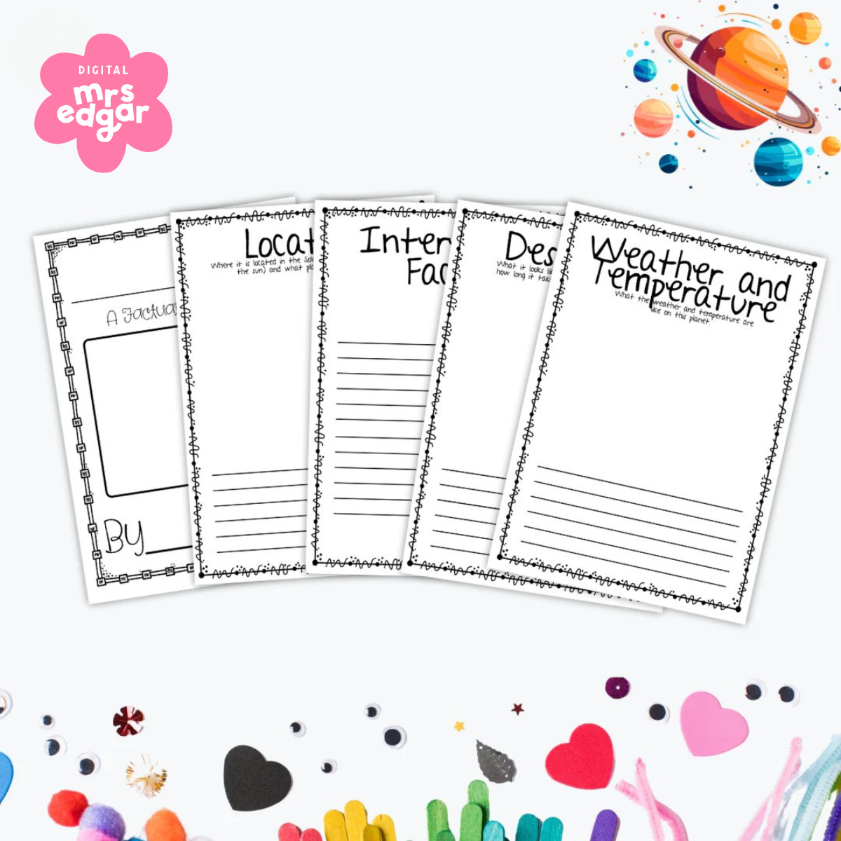A set of printable worksheets for a Planet Report Mini-Book, including pages for 'Location,' 'Interesting Facts,' 'Description,' 'Features,' and 'Weather and Temperature.' The colourful layout features a planetary theme at the top, inspiring student creativity.