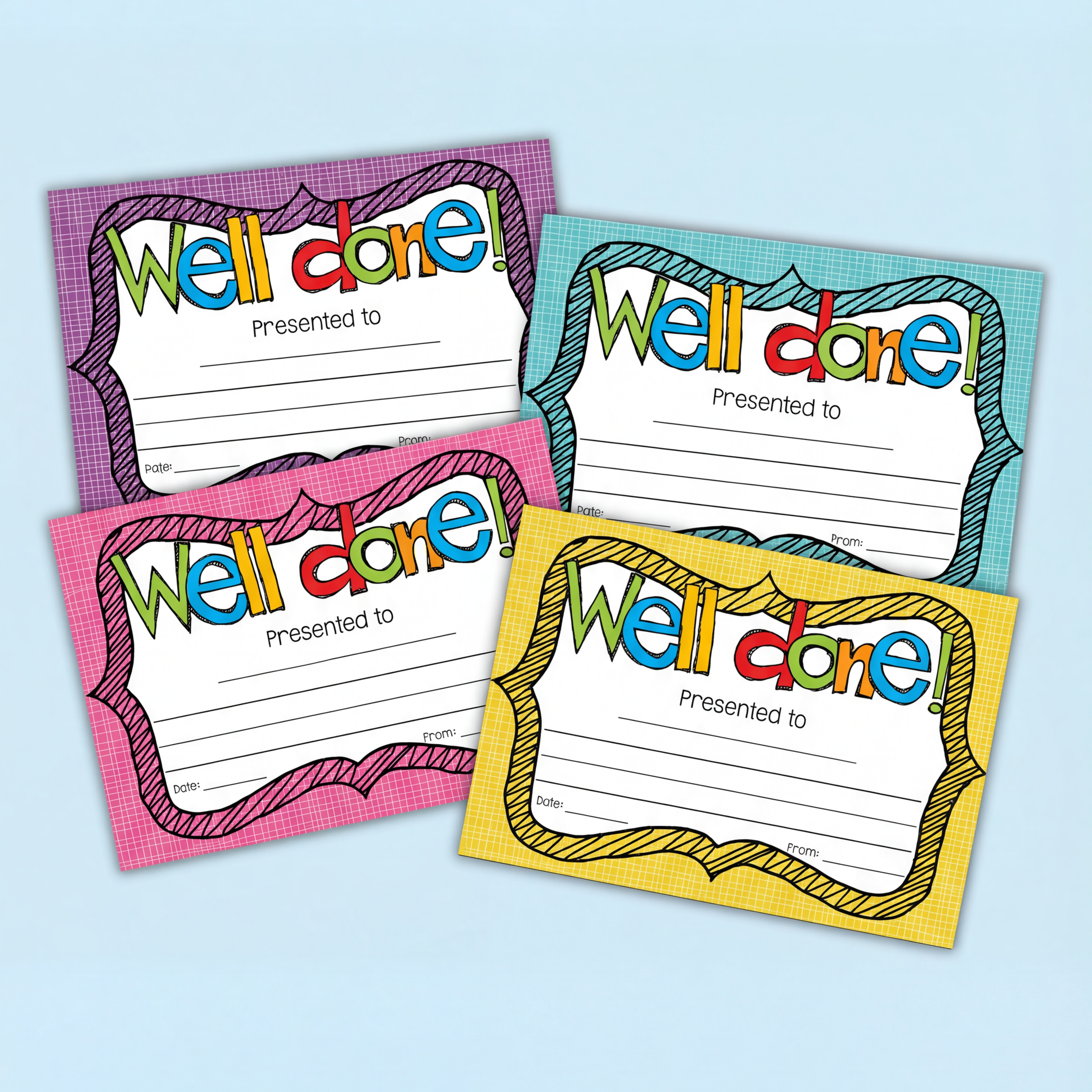 Four vibrant 'Well Done' certificates in purple, blue, pink, and yellow backgrounds, arranged on a craft-themed table with scattered art supplies like googly eyes, hearts, and popsicle sticks.