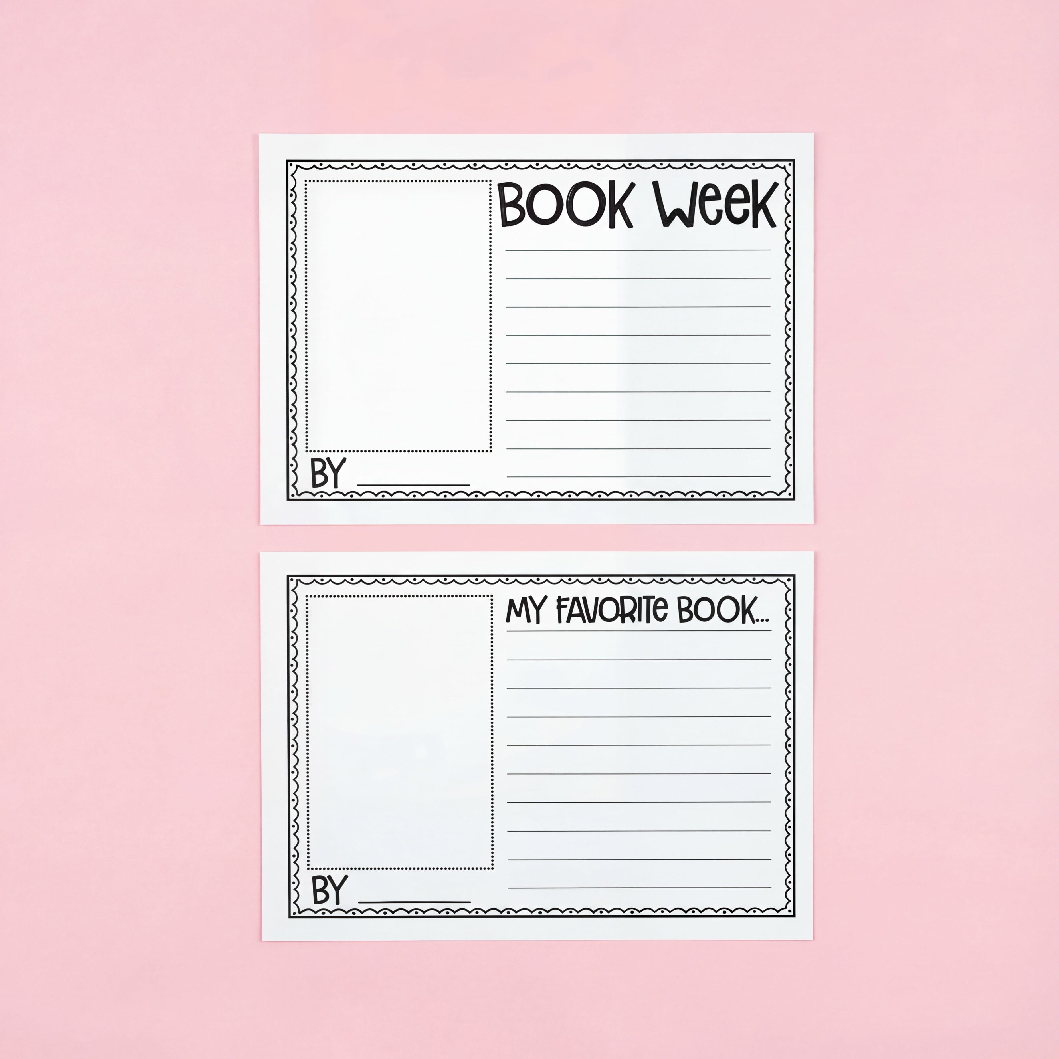 Two black-and-white printable writing templates for Book Week. One is titled "Book Week," and the other says "My Favourite Book." Each template features a lined section for writing and a blank box for drawing. Surrounded by coloured pencils and notebook paper for a creative classroom feel.